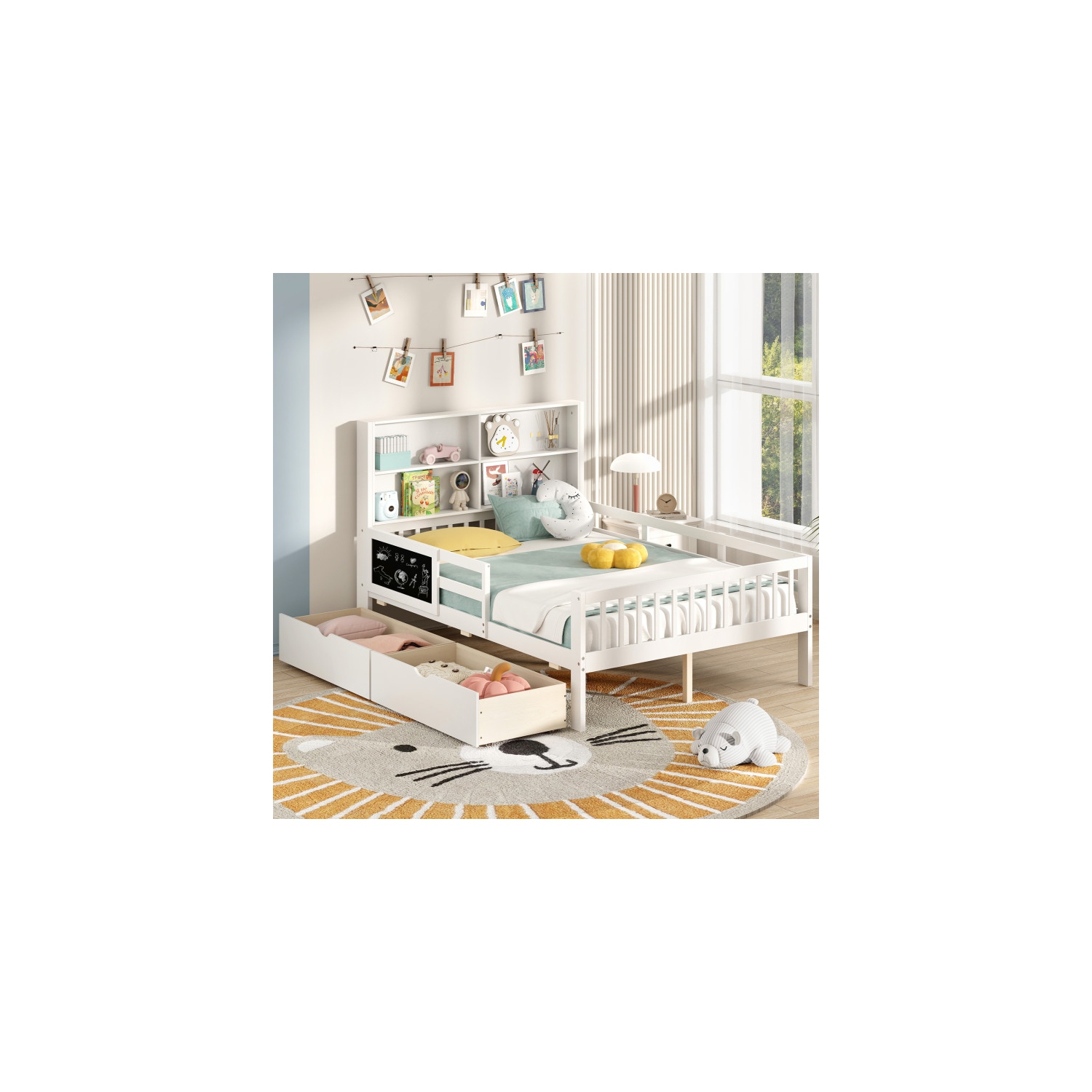 Cadre de lit avec bibliothèque et 2 tiroirs de rangement pour garçons et filles