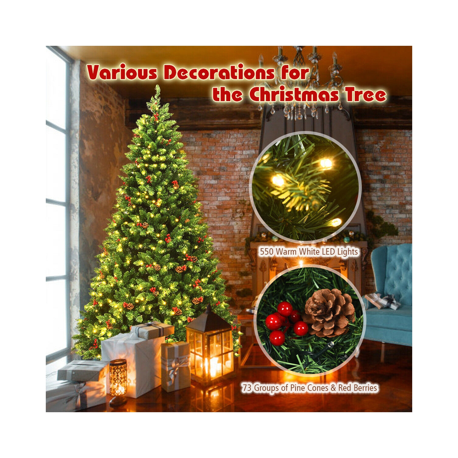 Arbre de Noël illuminé à charnières avec 550 lumières LED et support en métal