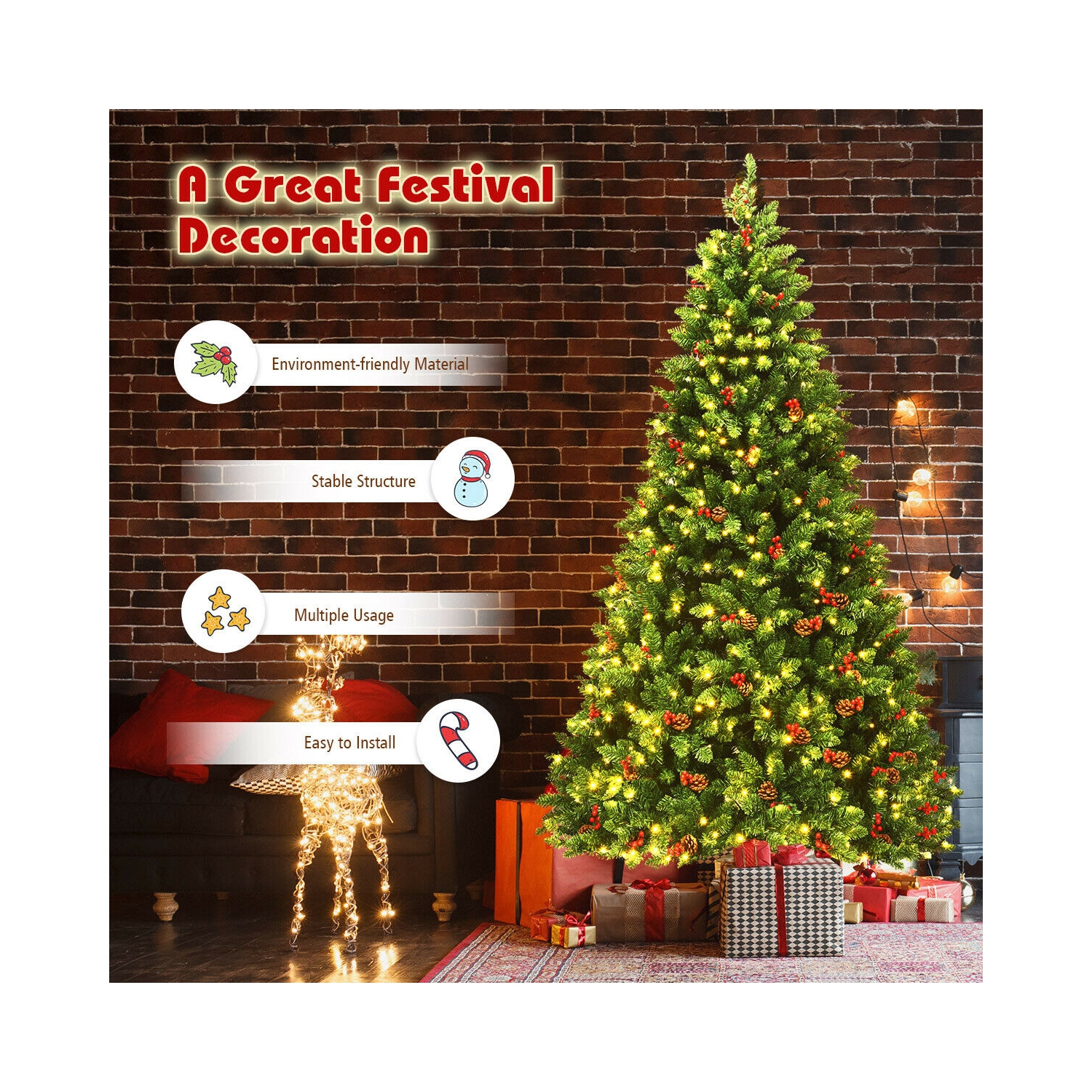 Arbre de Noël illuminé à charnières avec 550 lumières LED et support en métal