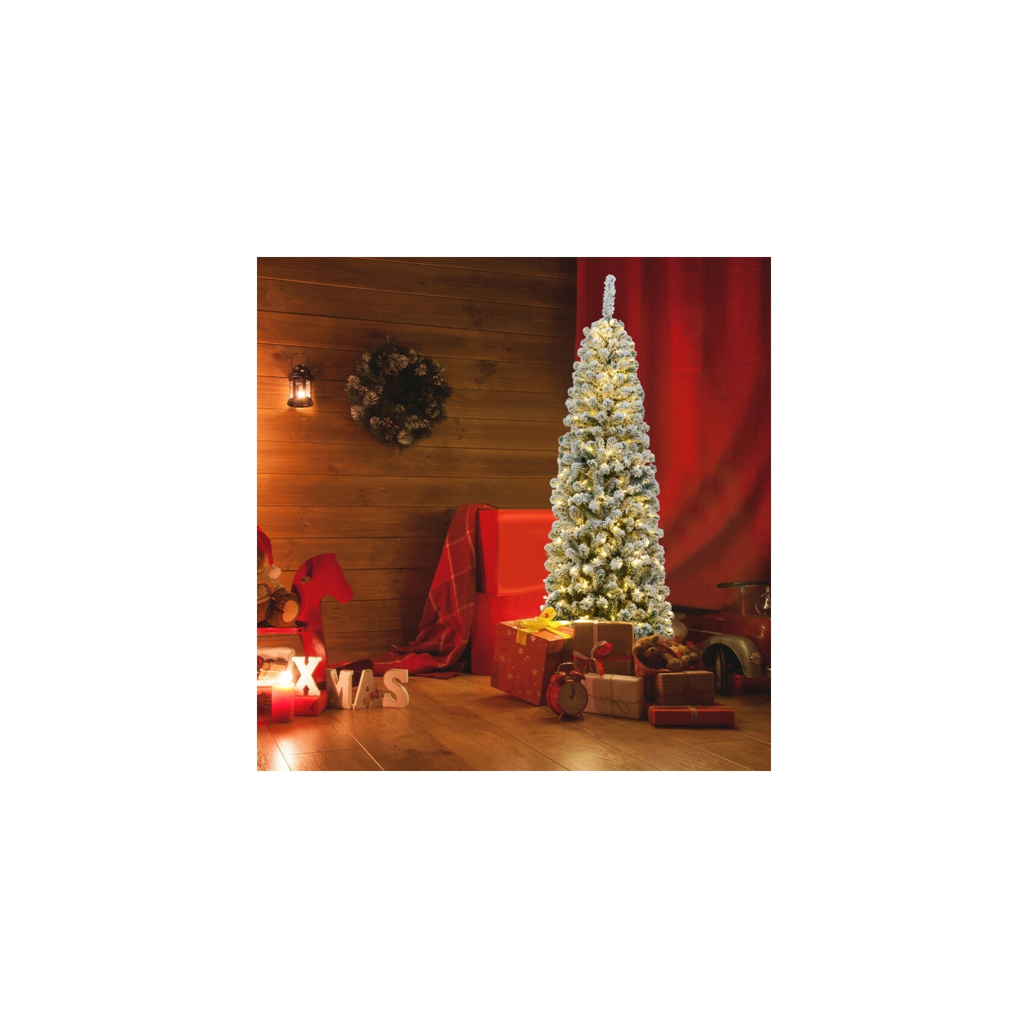 Snow Flocked Pre-Lit Artificial Pencil Christmas Tree with 250 Lights