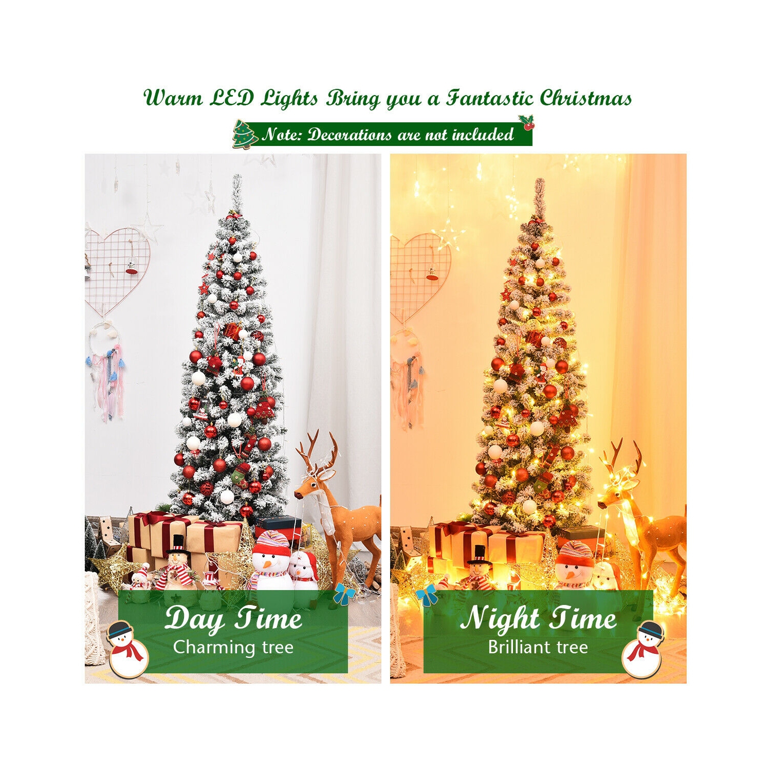 Snow Flocked Pre-Lit Artificial Pencil Christmas Tree with 250 Lights