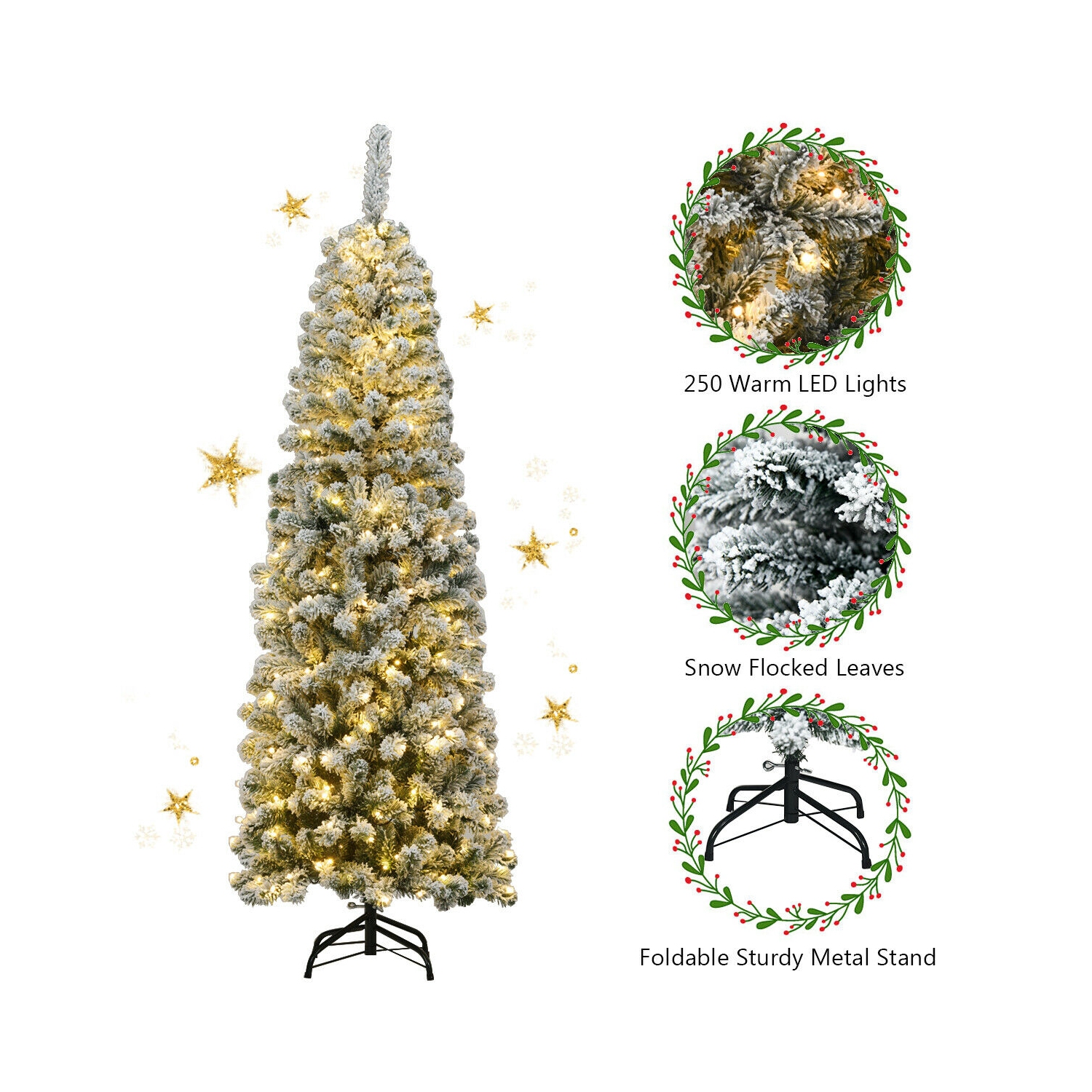 Snow Flocked Pre-Lit Artificial Pencil Christmas Tree with 250 Lights