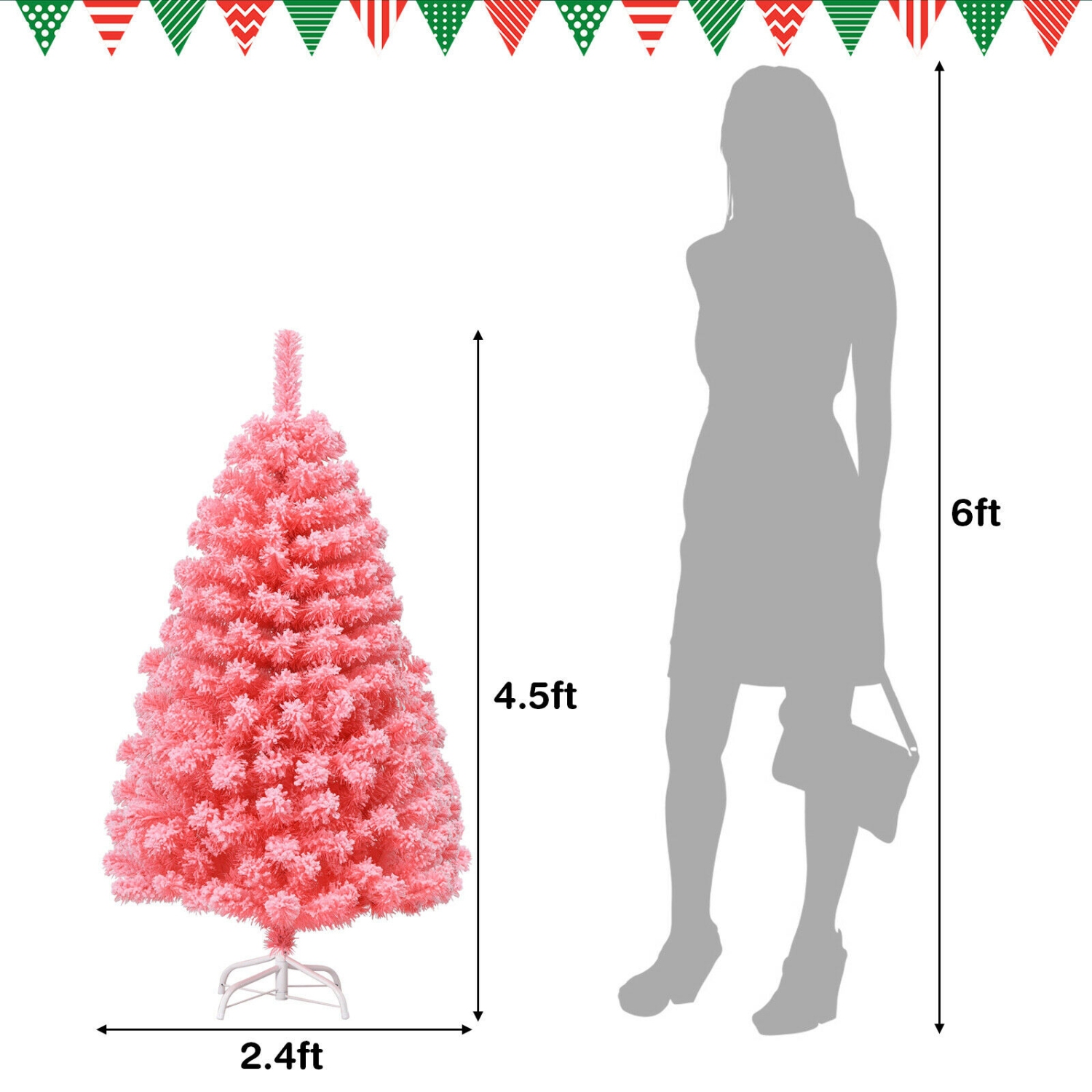Arbre de Noël floqué avec embouts en PVC et support en métal robuste