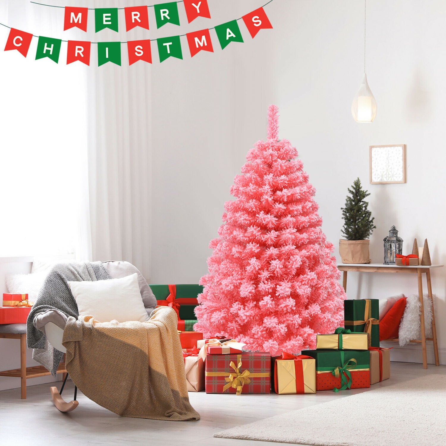 Arbre de Noël floqué avec embouts en PVC et support en métal robuste