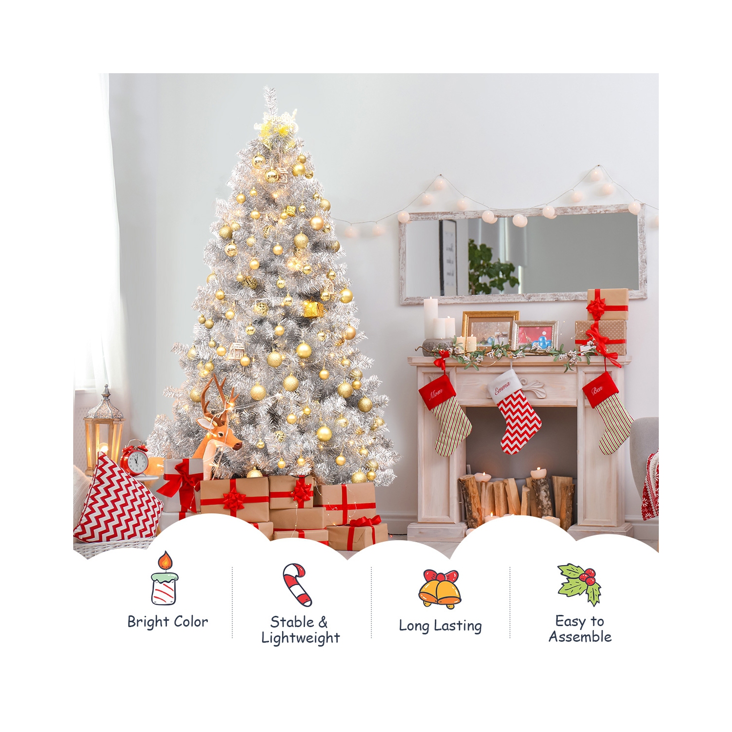 Arbre de Noël artificiel à charnières avec branches scintillantes et base en métal