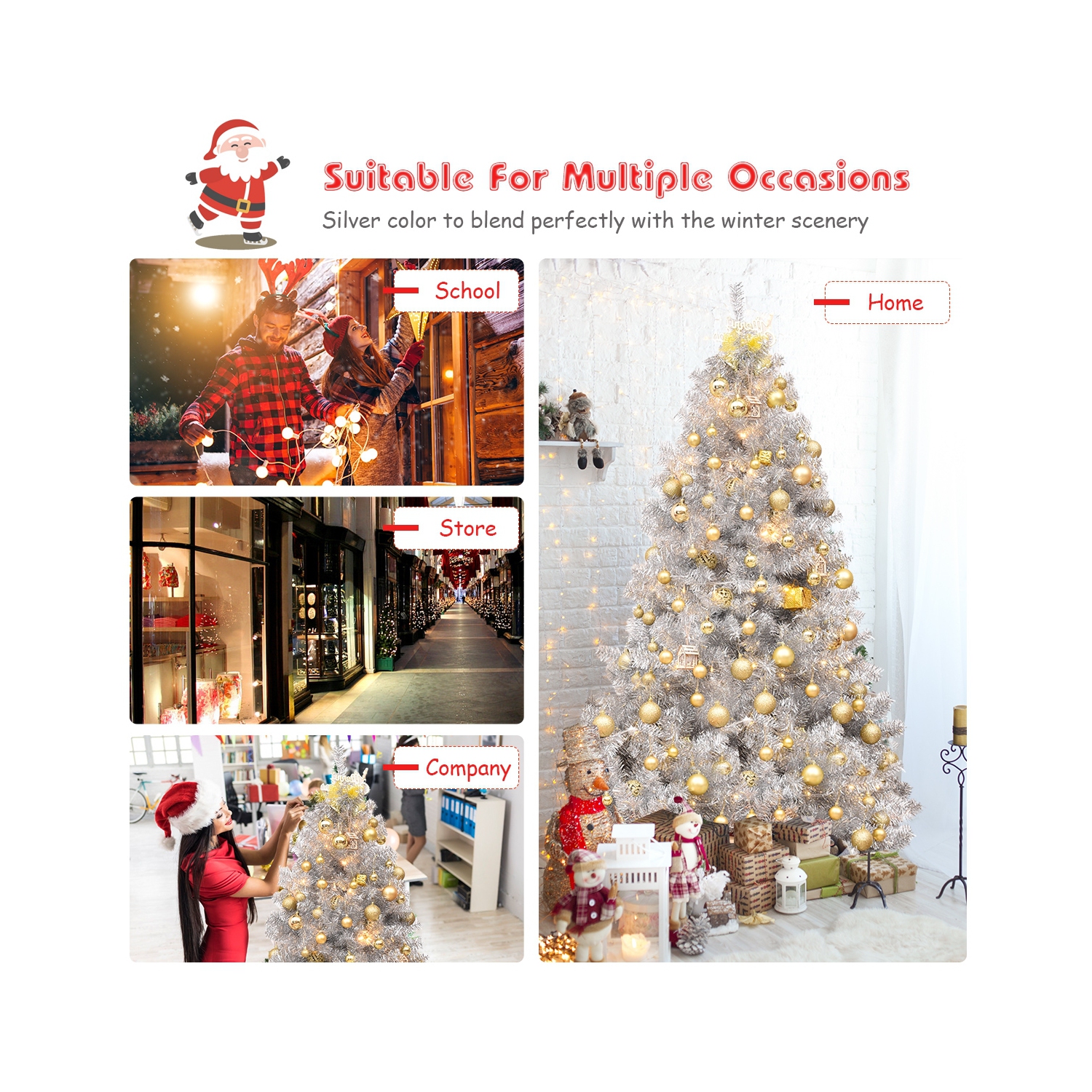 Arbre de Noël artificiel à charnières avec branches scintillantes et base en métal