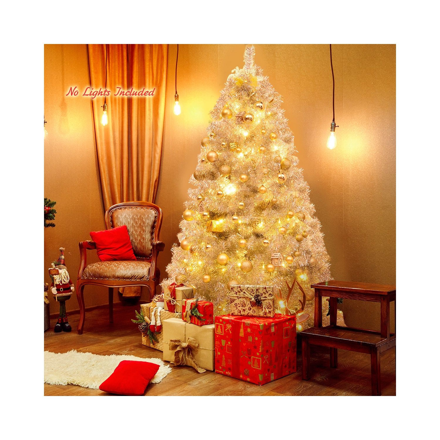 Arbre de Noël artificiel à charnières avec branches scintillantes et base en métal