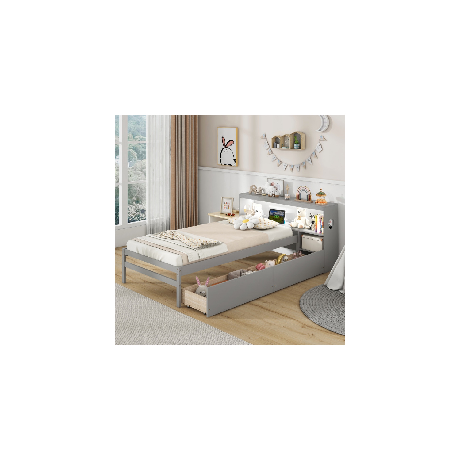 Bed Frame with LED Lighting and Bookcase Headboard for Bedroom