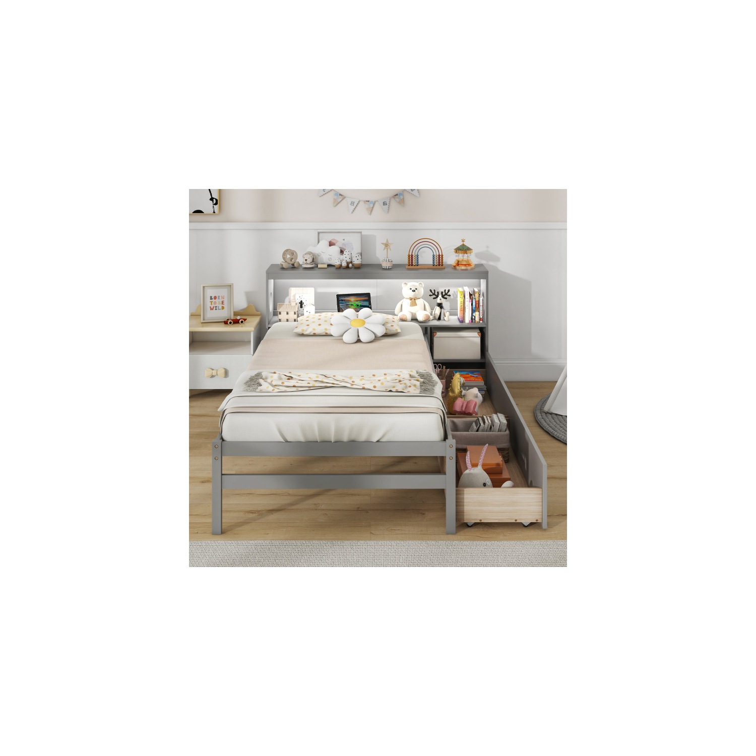 Bed Frame with LED Lighting and Bookcase Headboard for Bedroom