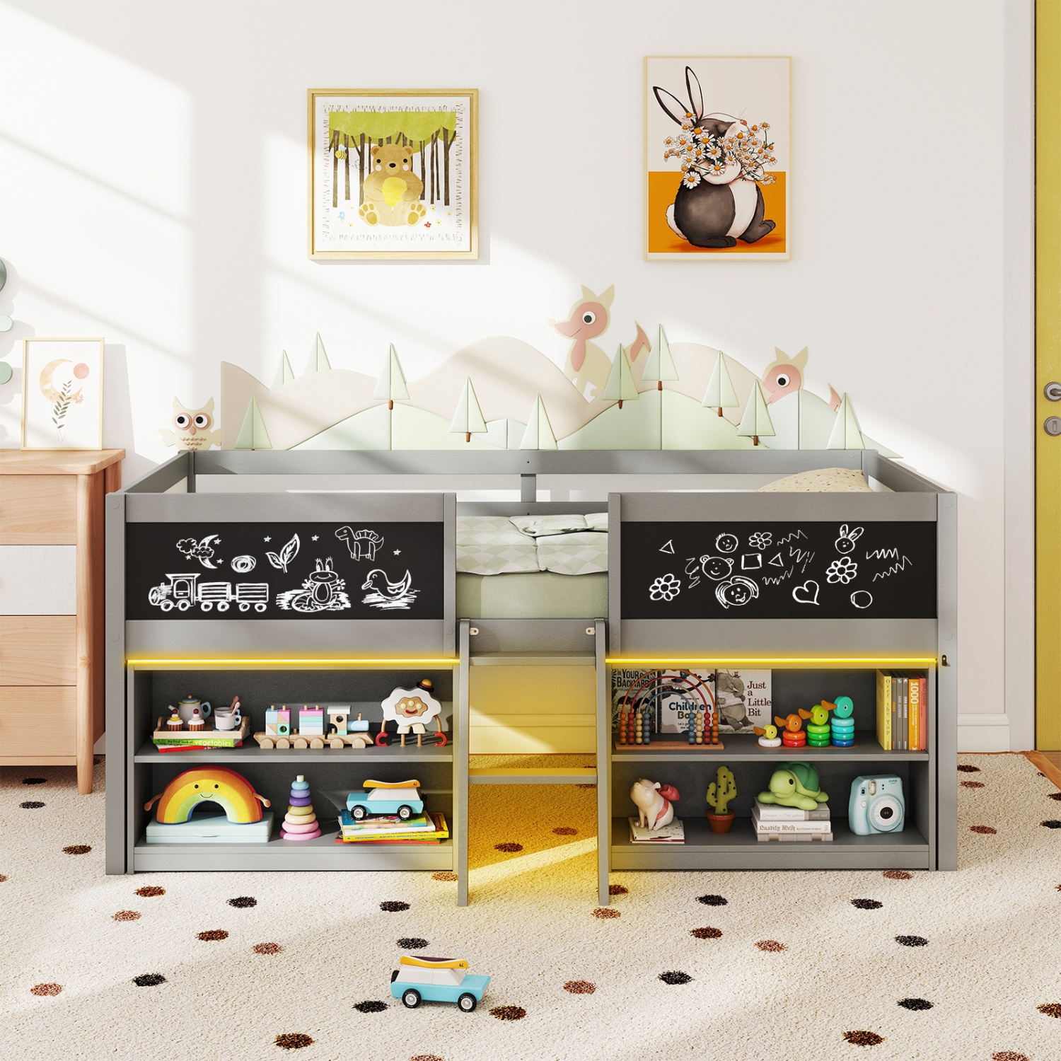 Wooden Low Loft Bed with LED Lights and Open Bookcase Storage