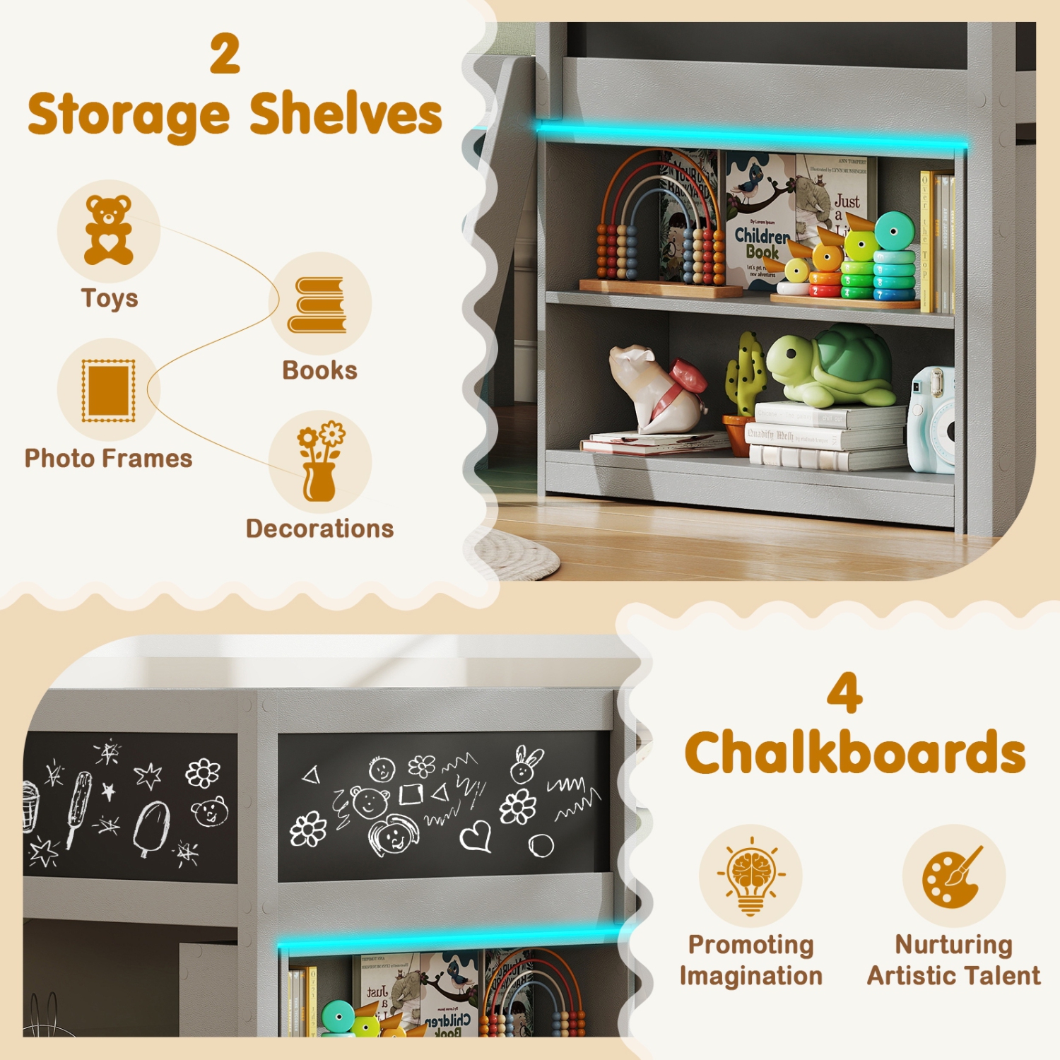 Wooden Low Loft Bed with LED Lights and Open Bookcase Storage