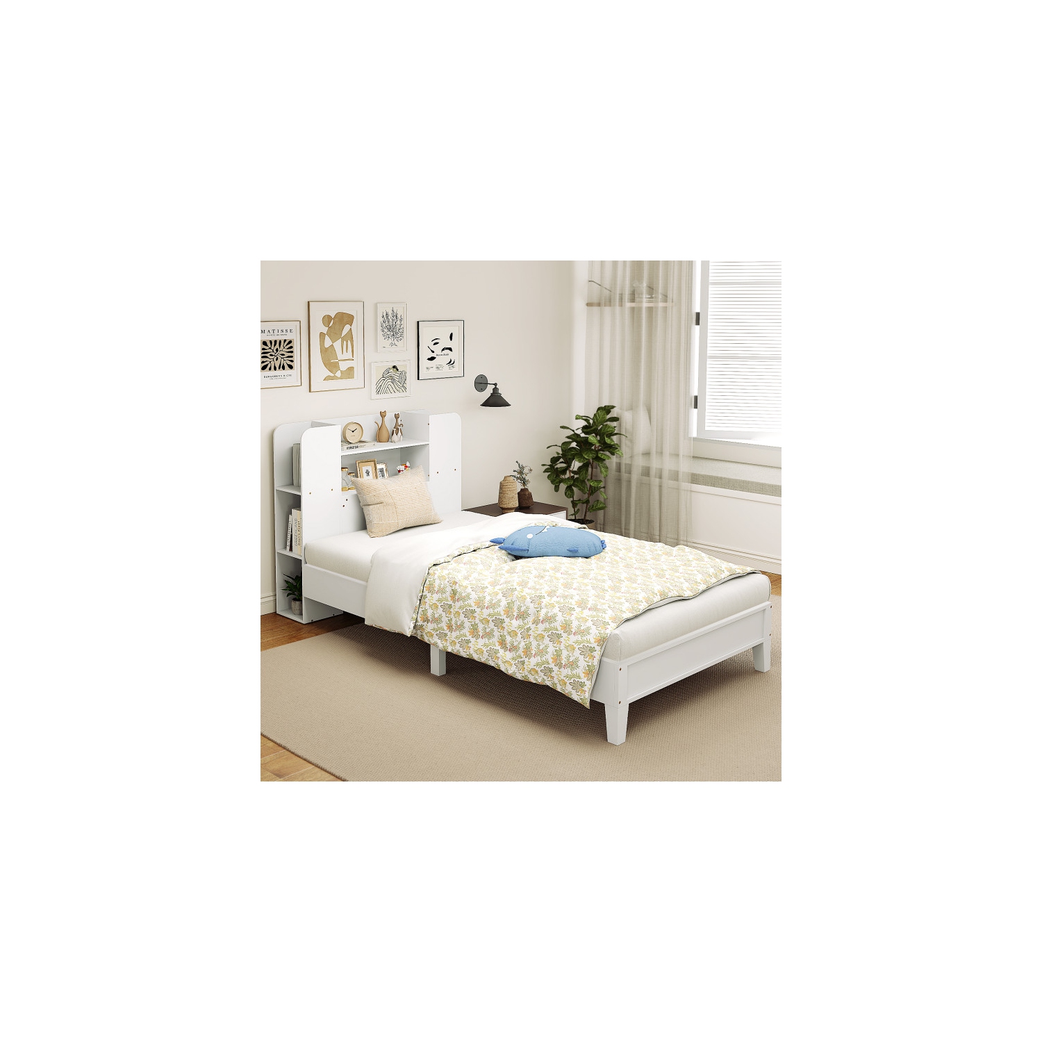 Lit plateforme avec tête de lit bibliothèque intégrée et cadre en bois