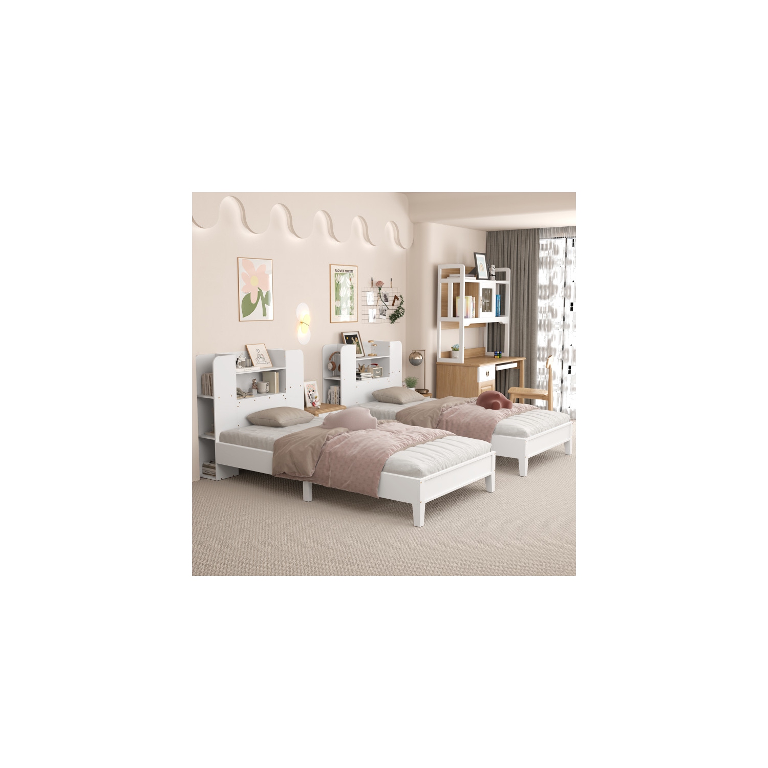 Lit plateforme avec tête de lit bibliothèque intégrée et cadre en bois