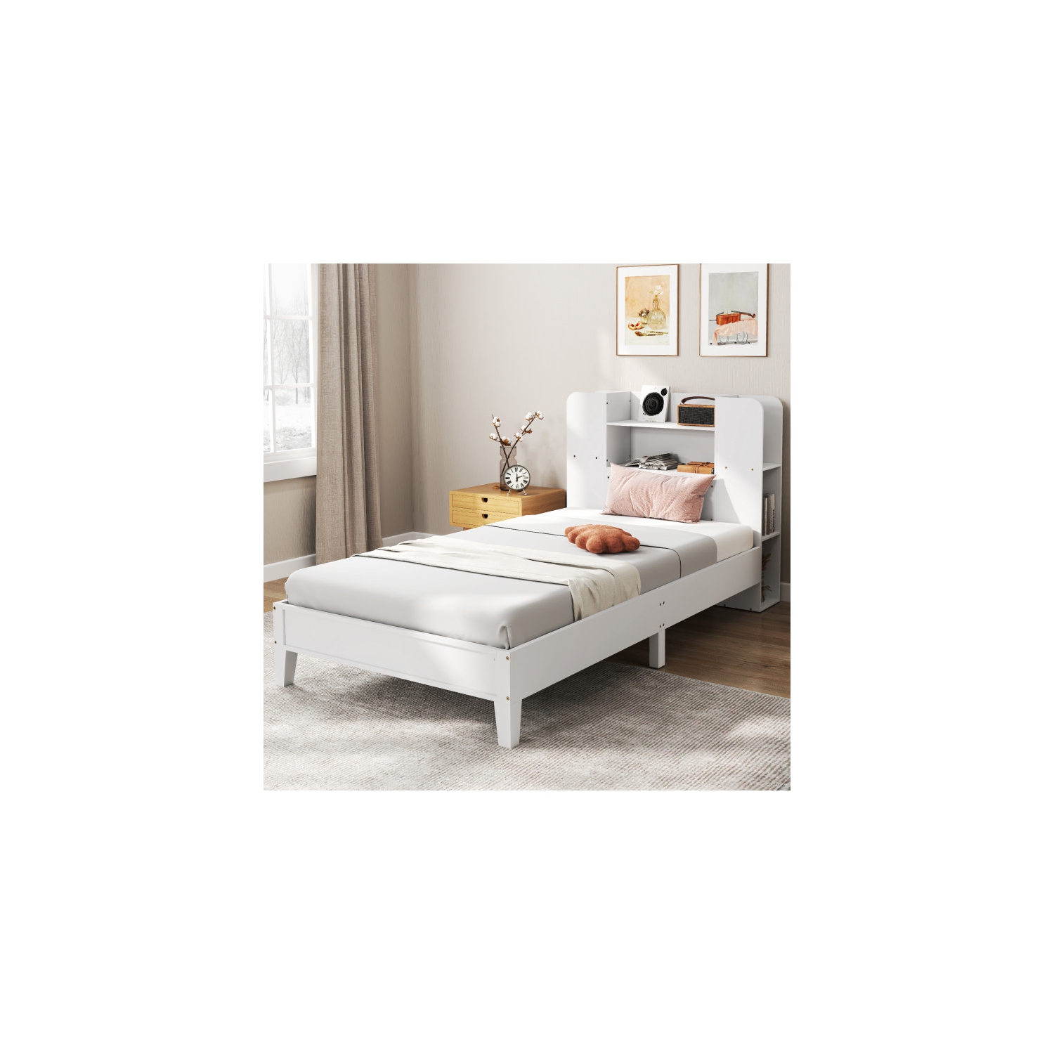 Lit plateforme avec tête de lit bibliothèque intégrée et cadre en bois