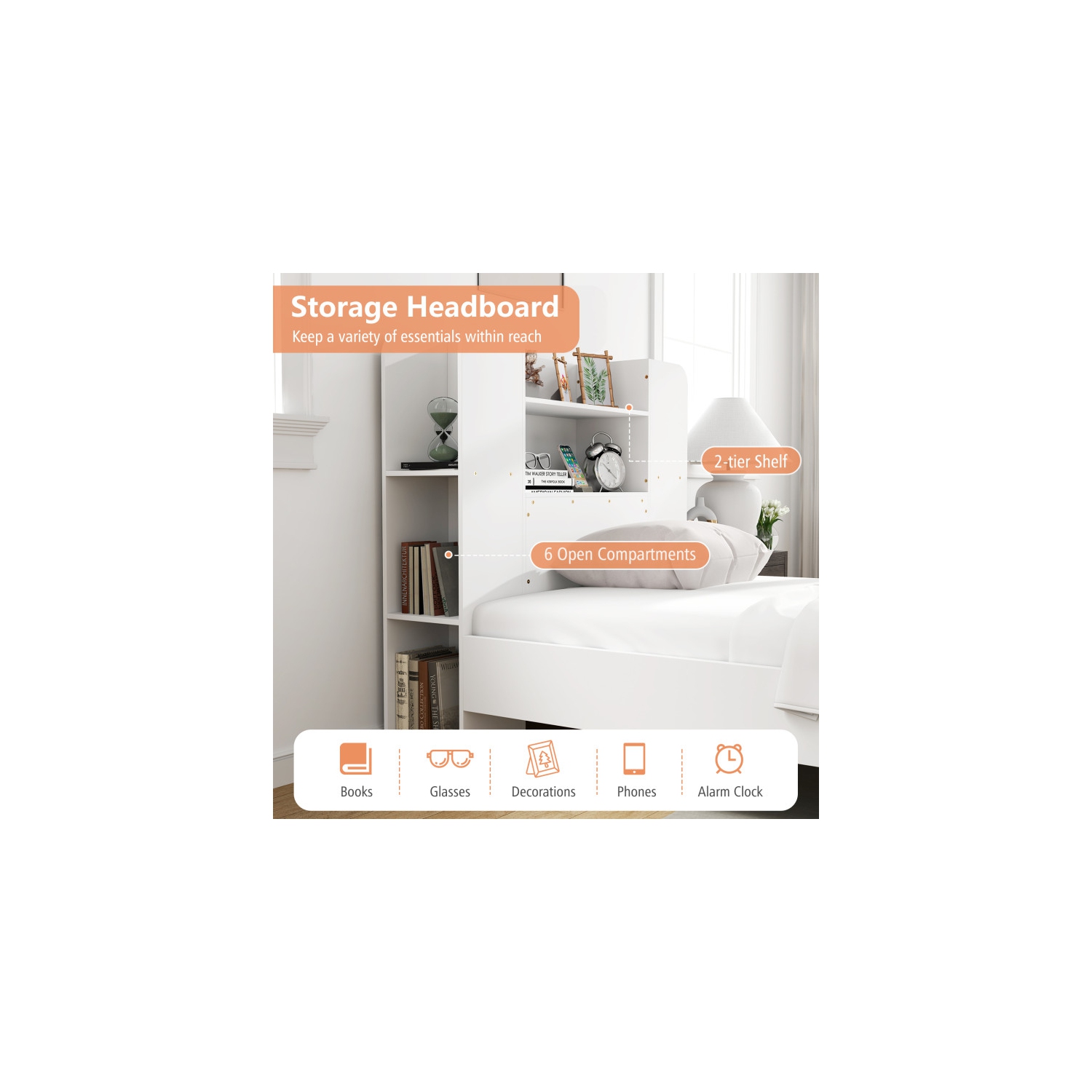 Lit plateforme avec tête de lit bibliothèque intégrée et cadre en bois