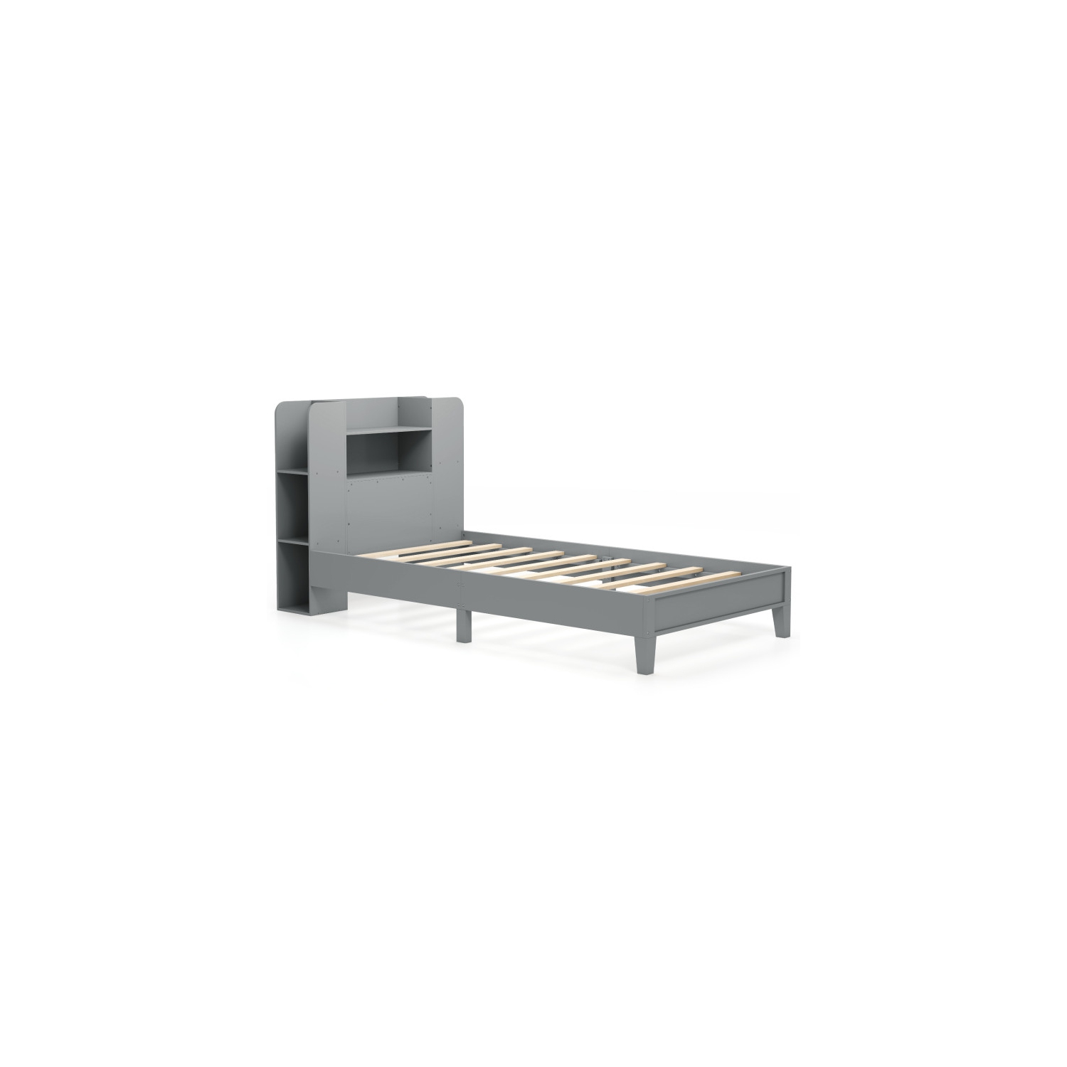Platform Bed with Built-In Bookcase Headboard and Wooden Frame