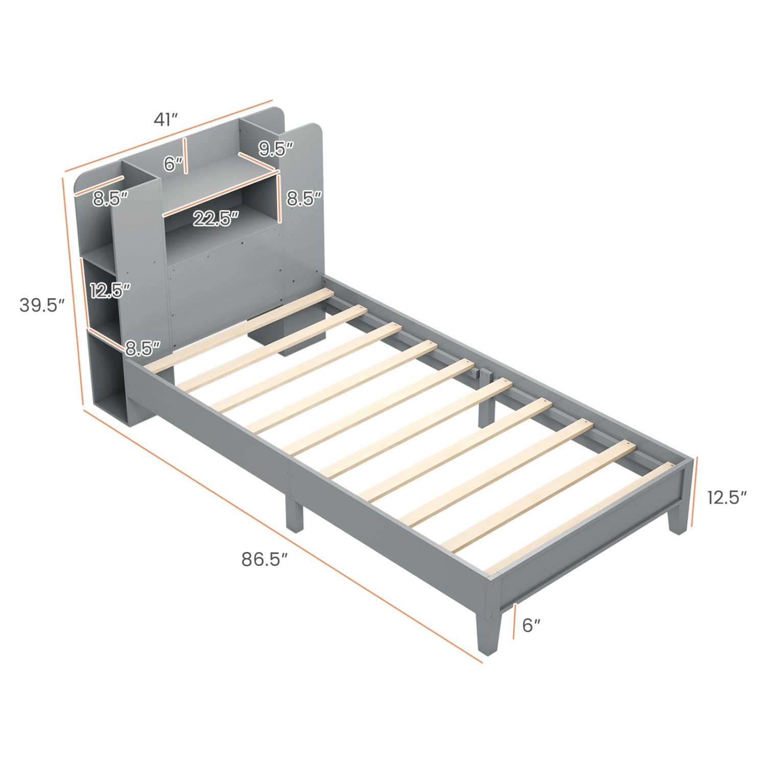 Platform Bed with Built-In Bookcase Headboard and Wooden Frame
