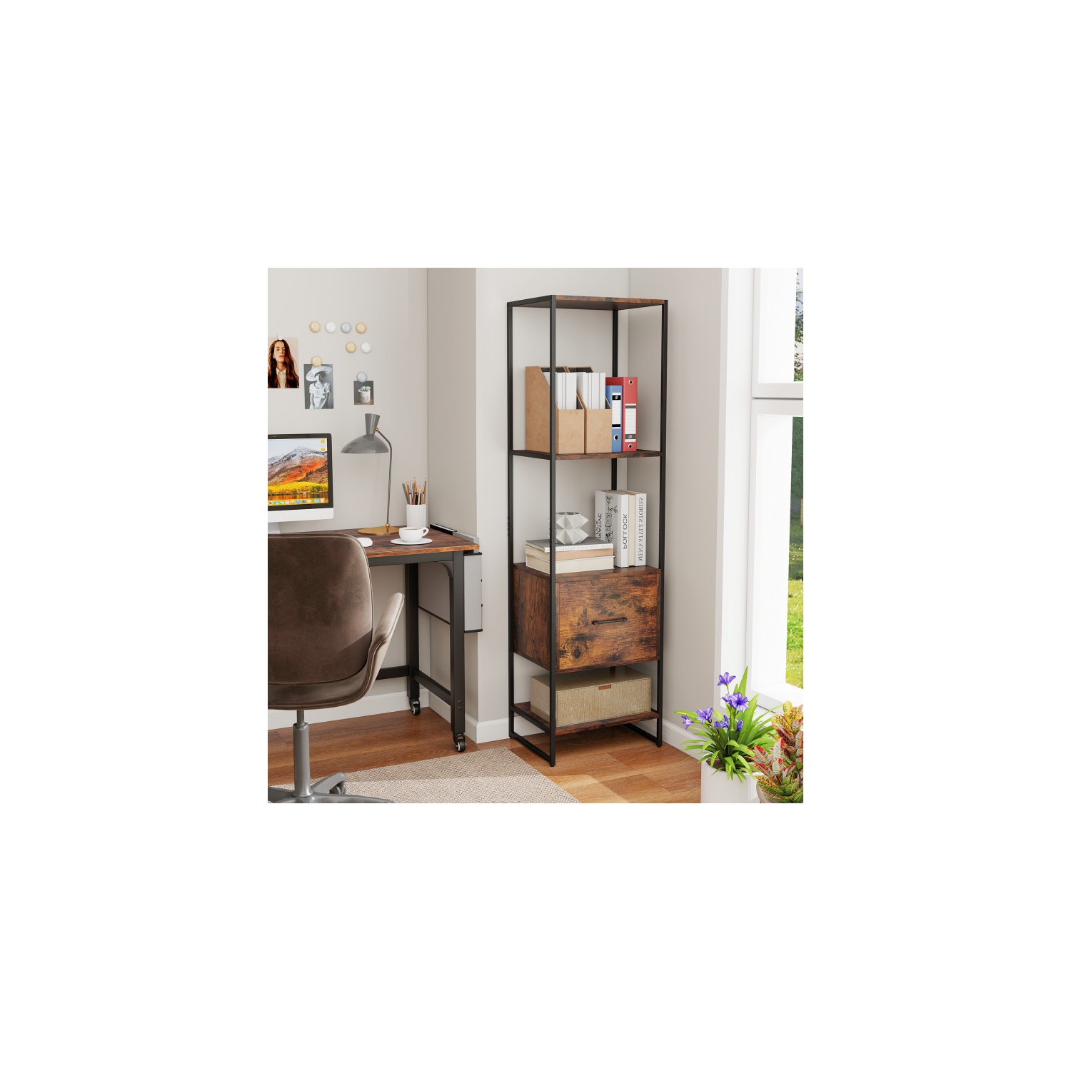 Bibliothèque compacte à 5 niveaux – Bibliothèque étroite avec tiroir et rangement ouvert à 4 niveaux