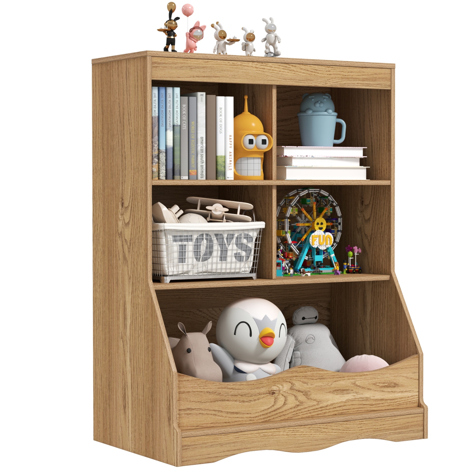 Kids 3-Tier Bookcase with Storage Bins and Multi-Functional Cabinet