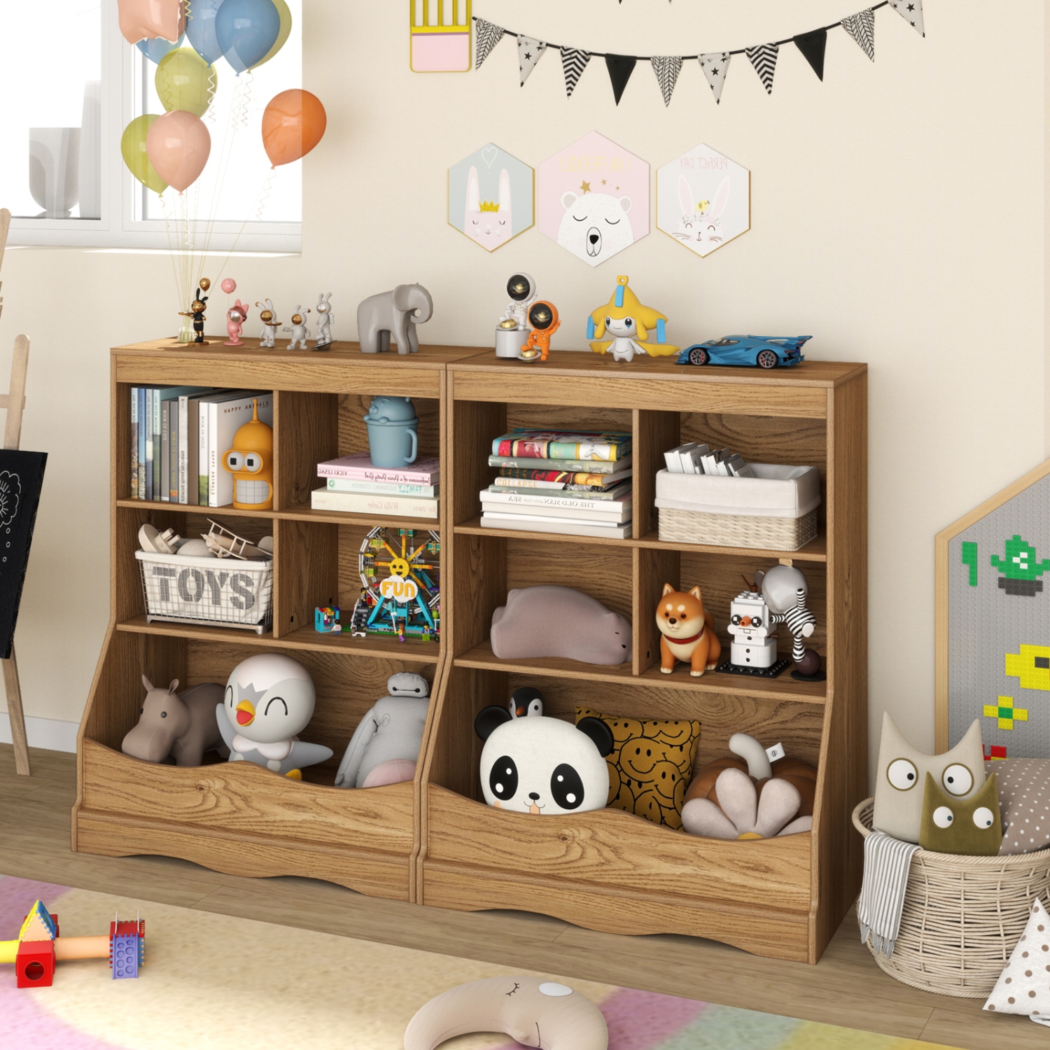 Kids 3-Tier Bookcase with Storage Bins and Multi-Functional Cabinet