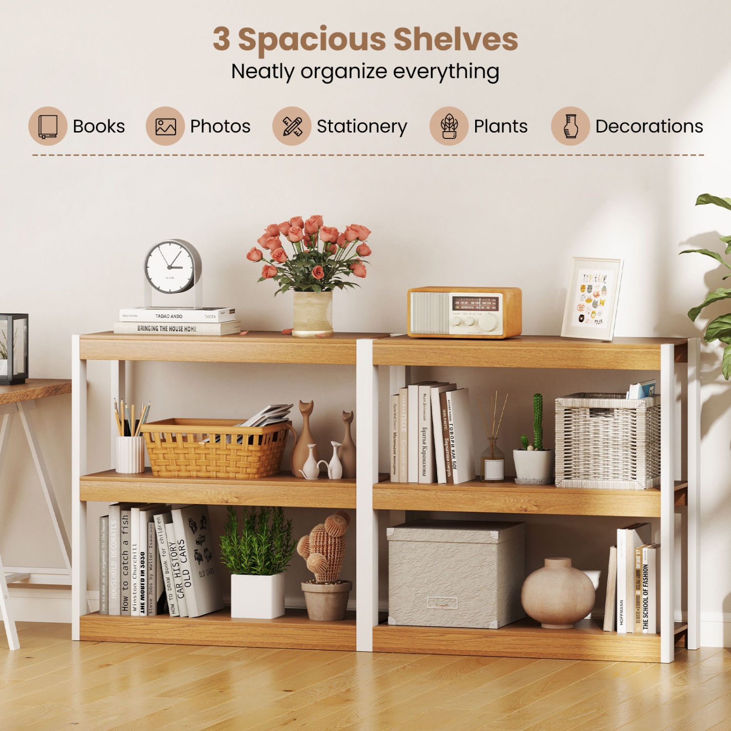 Space-Saving 3-Tier Wooden Bookshelf – Storage Bookcase with Anti-Tipping Kits