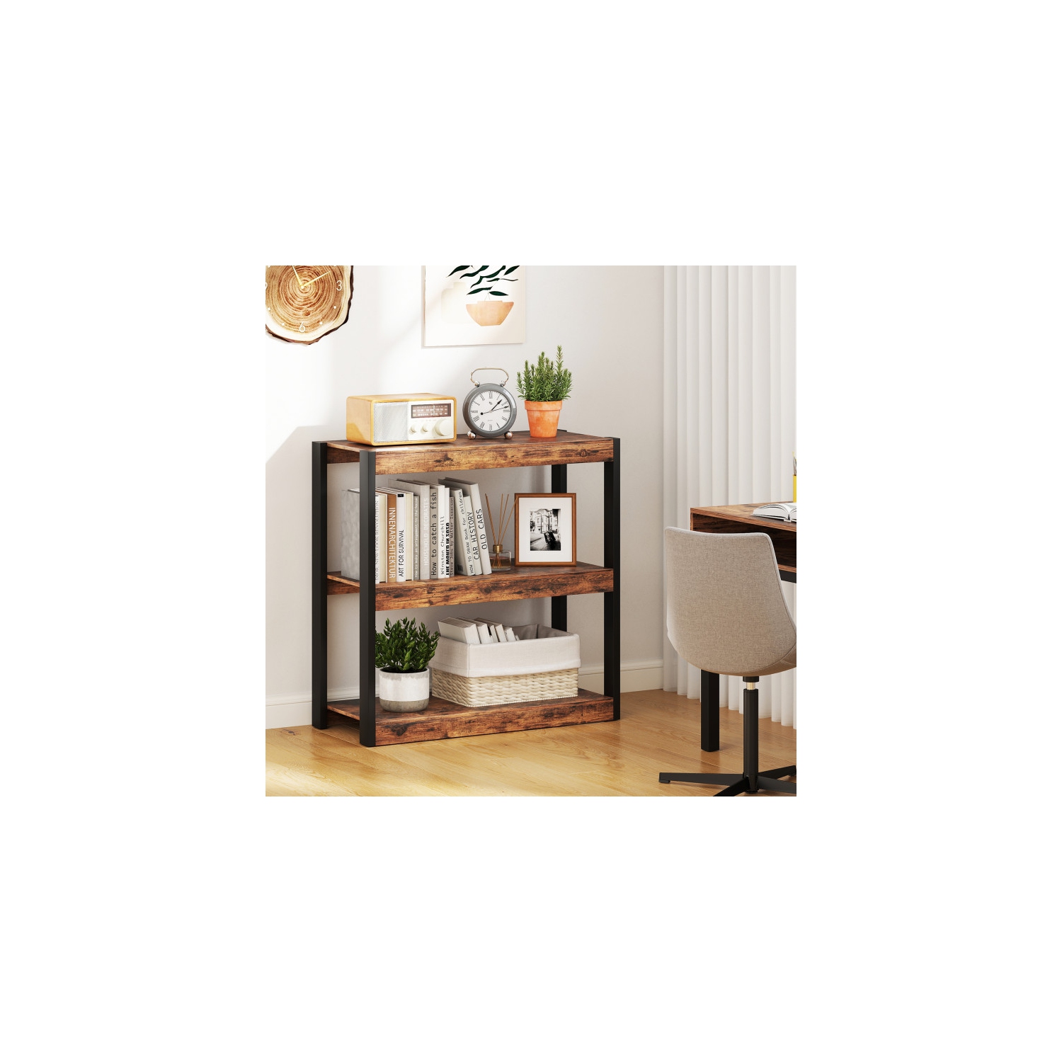 Space-Saving 3-Tier Wooden Bookshelf – Storage Bookcase with Anti-Tipping Kits