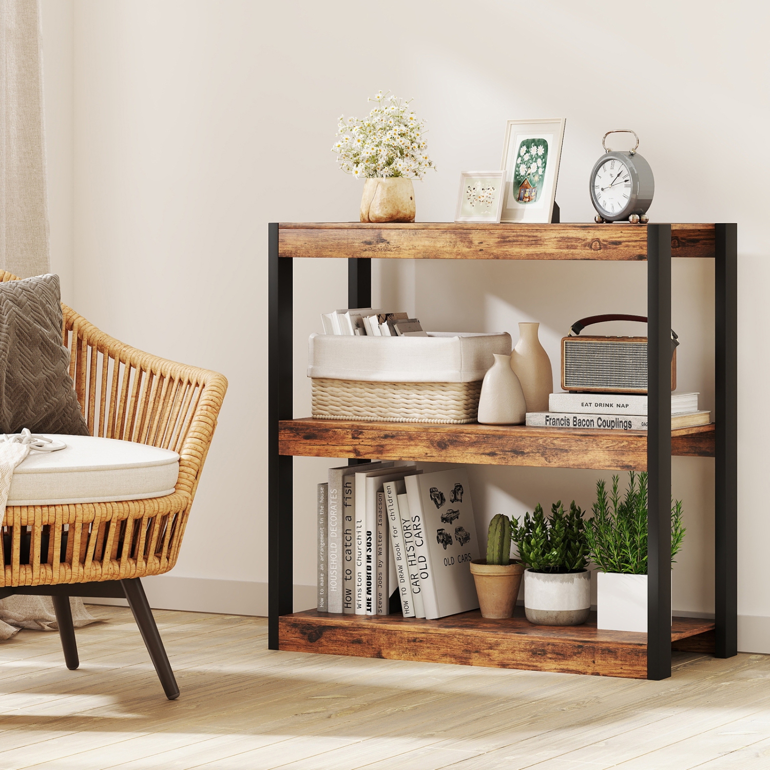 Space-Saving 3-Tier Wooden Bookshelf – Storage Bookcase with Anti-Tipping Kits