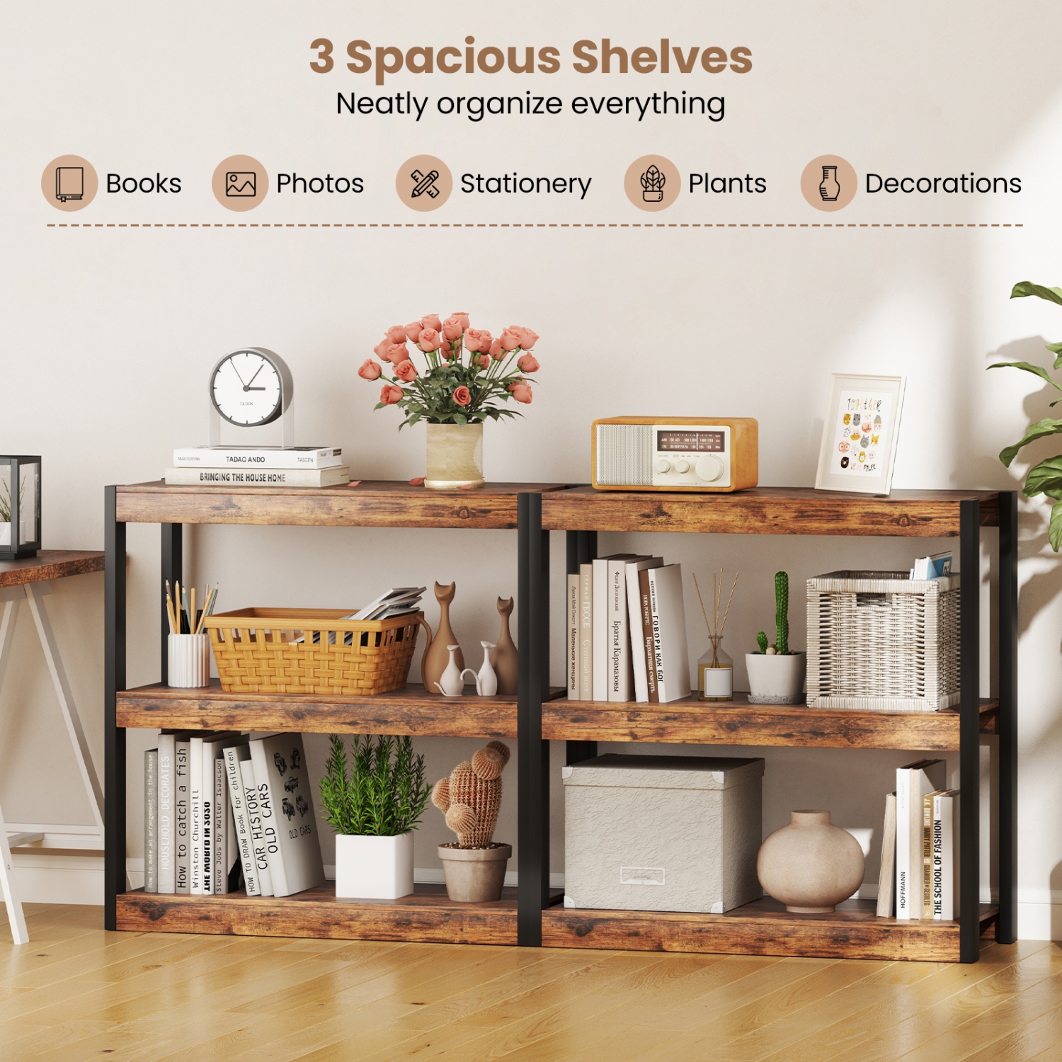 Space-Saving 3-Tier Wooden Bookshelf – Storage Bookcase with Anti-Tipping Kits