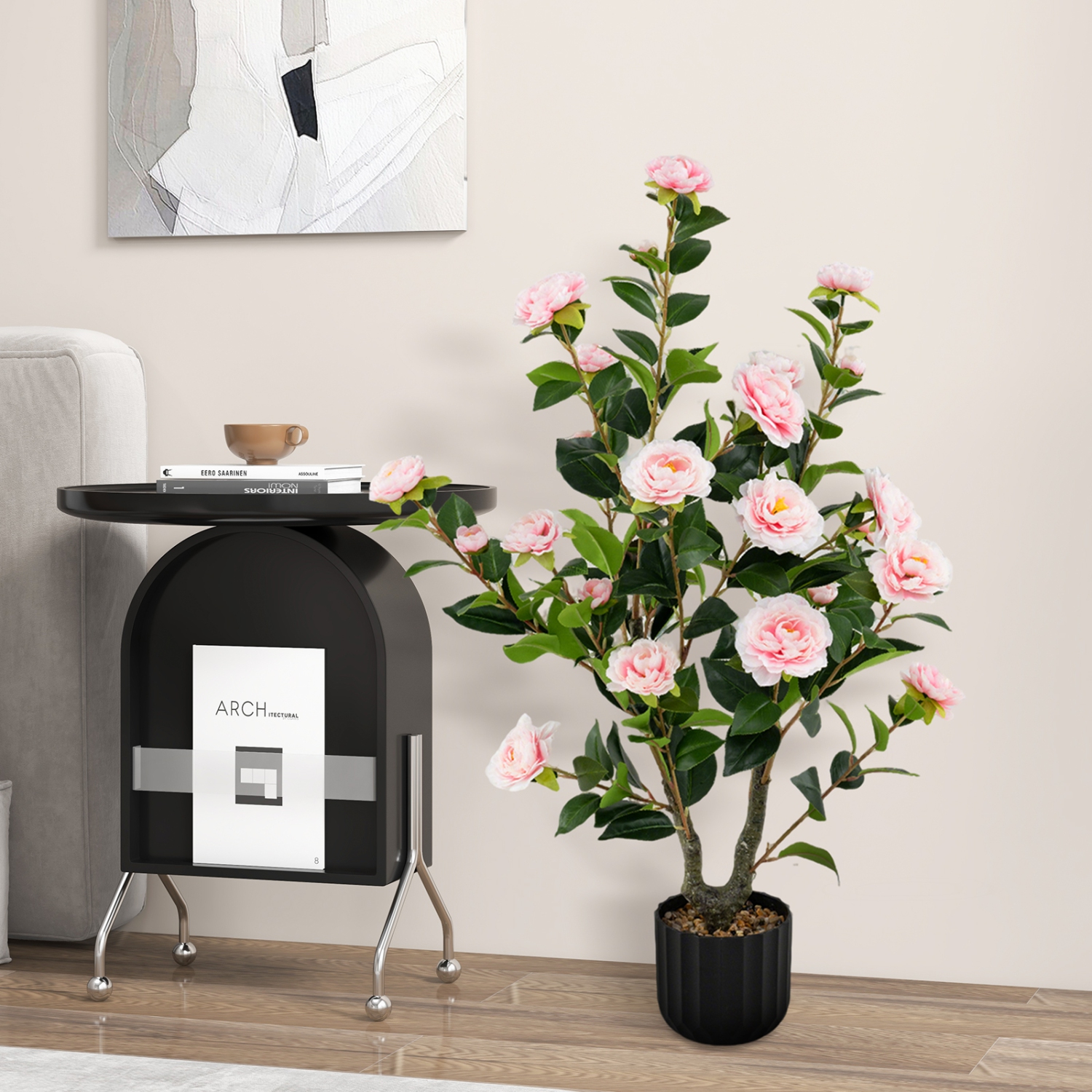 Gymax 38'' Artificial Camellia Tree Faux Floral Plant Fake Tree for Decoration Pink