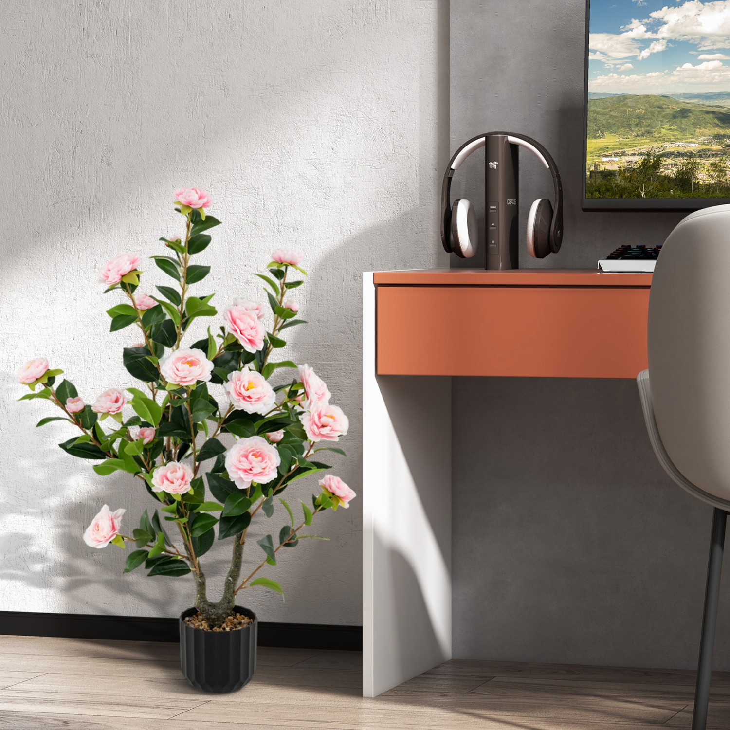 Gymax 38'' Artificial Camellia Tree Faux Floral Plant Fake Tree for Decoration Pink