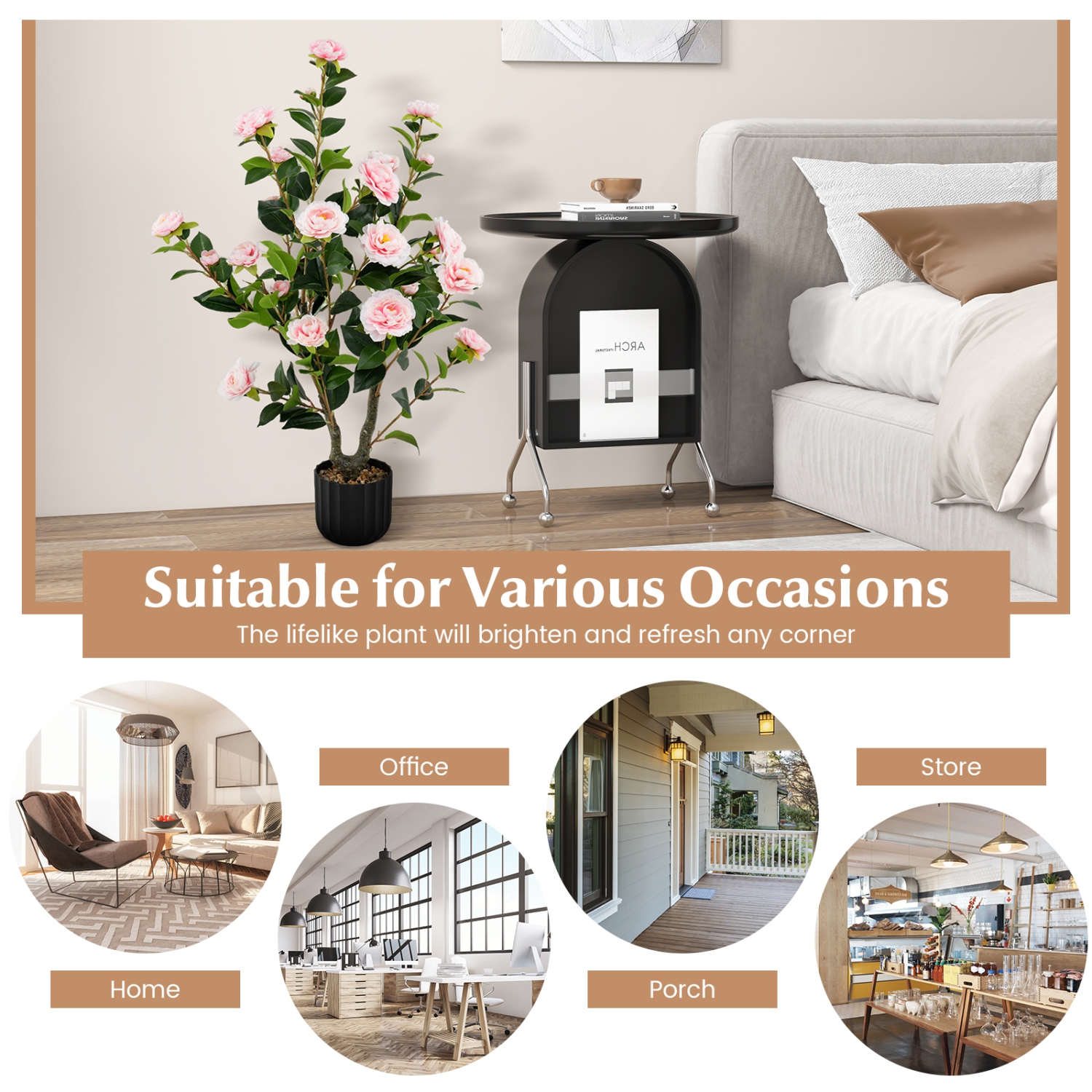 Gymax 38'' Artificial Camellia Tree Faux Floral Plant Fake Tree for Decoration Pink