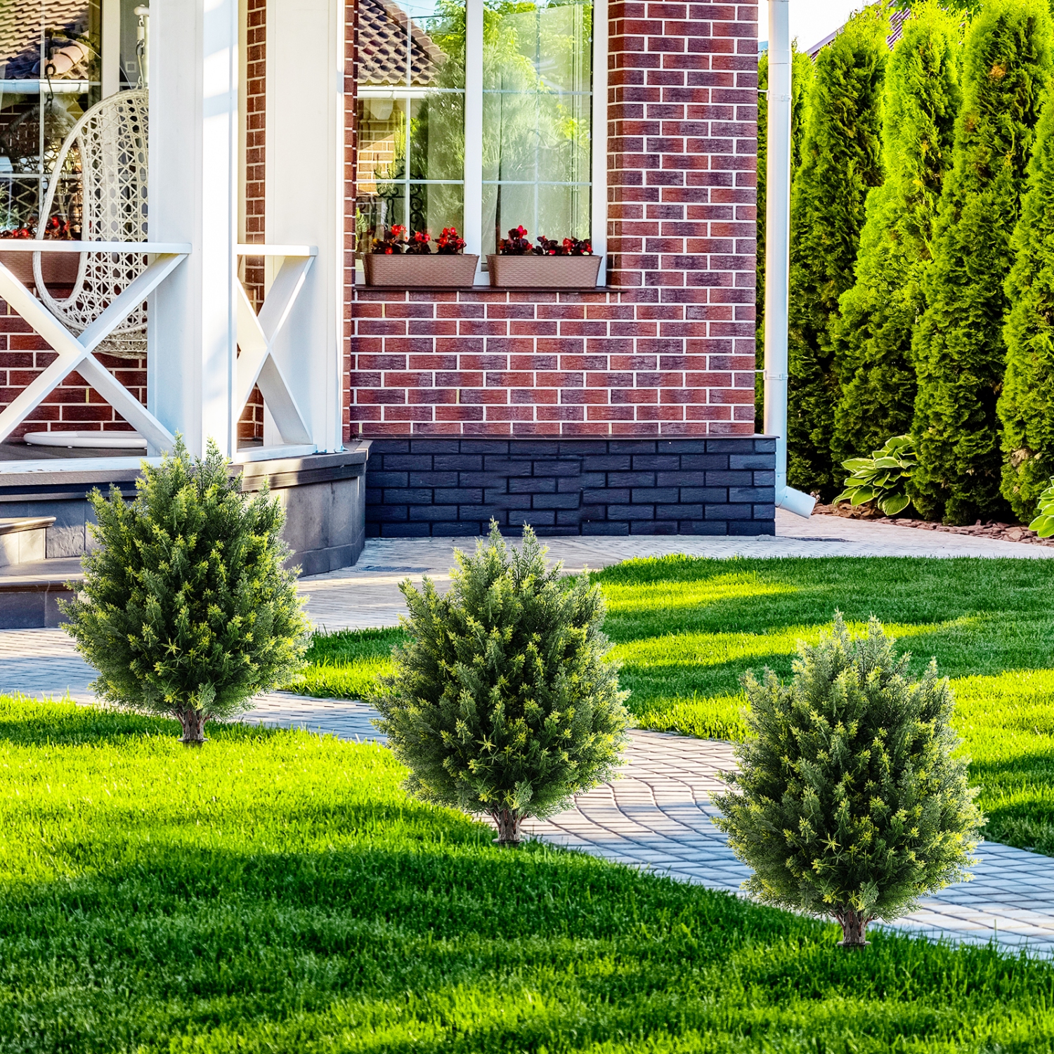 Gymax 2 Pack 24'' Artificial Cypress Topiary Ball Tree Set w/Ground Spike Decoration