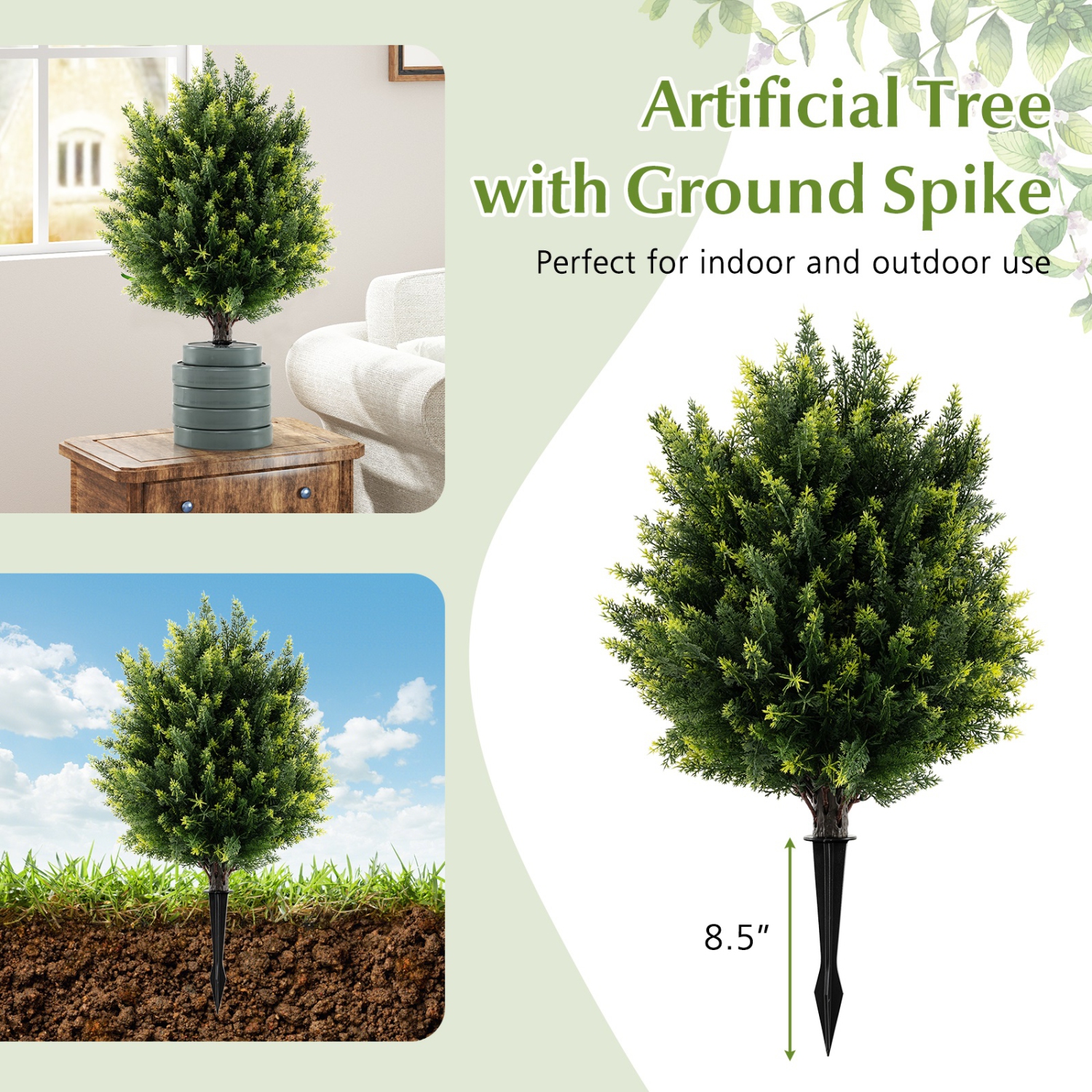 Gymax 2 Pack 24'' Artificial Cypress Topiary Ball Tree Set w/Ground Spike Decoration