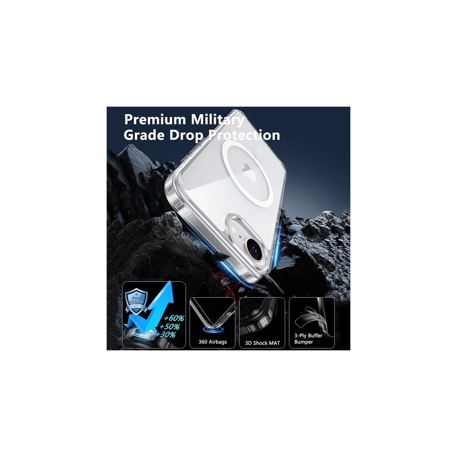 Étui magnétique Tasnim pour iPhone 16e de 6,1 po compatible avec chargement sans fil MagSafe, couvercle antichoc, dos transparent antirayure -