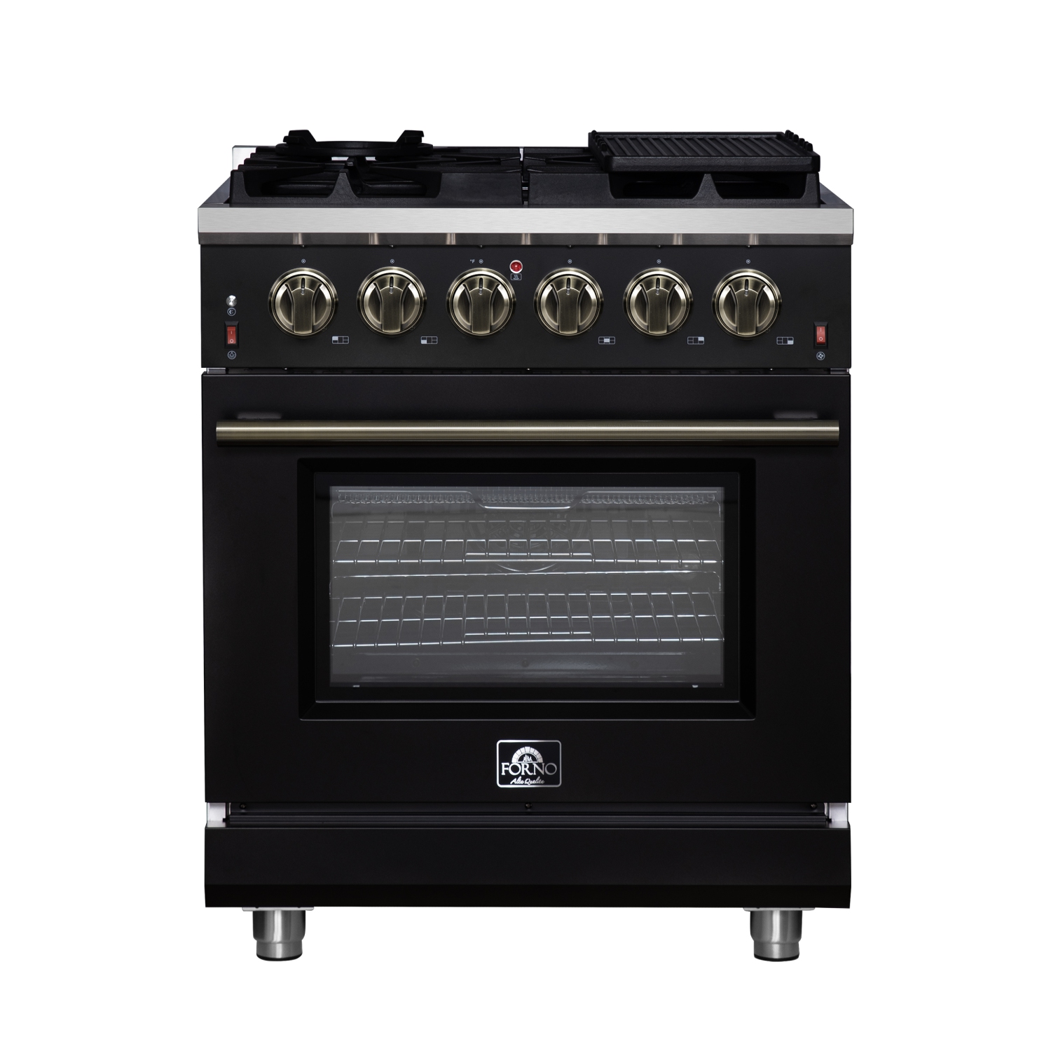 Forno Massimo 30-Inch Black Freestanding Gas Range, 4 Burners, True Convection Oven