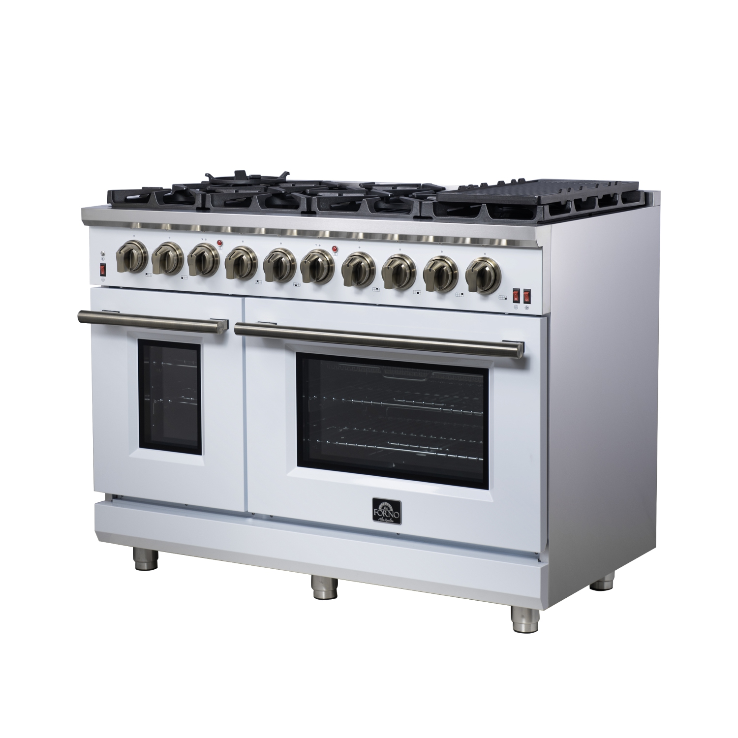 Forno Massimo – Cuisinière à gaz autonome blanche de 48 po, 8 brûleurs, four à convection véritable