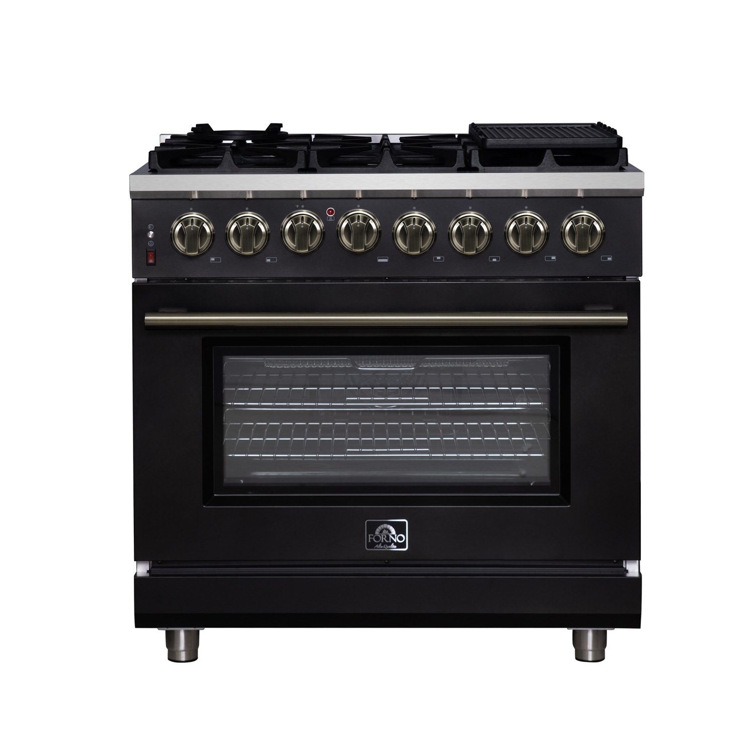Forno Massimo – Cuisinière biénergie autonome 36&nbsp;po noir avec accessoires en laiton antique, 6 brûleurs, 5,36 pi3 avec Four à convection