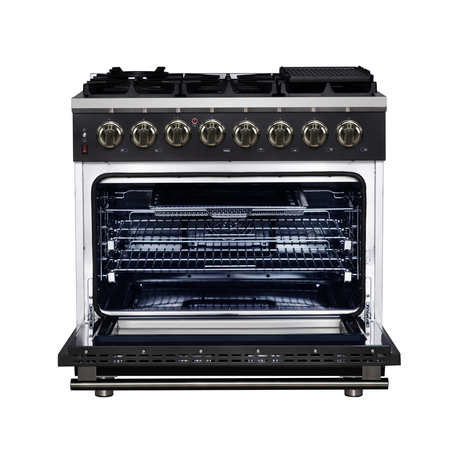 Forno Massimo – Cuisinière biénergie autonome 36 po noir avec accessoires en laiton antique, 6 brûleurs, 5,36 pi3 avec Four à convection
