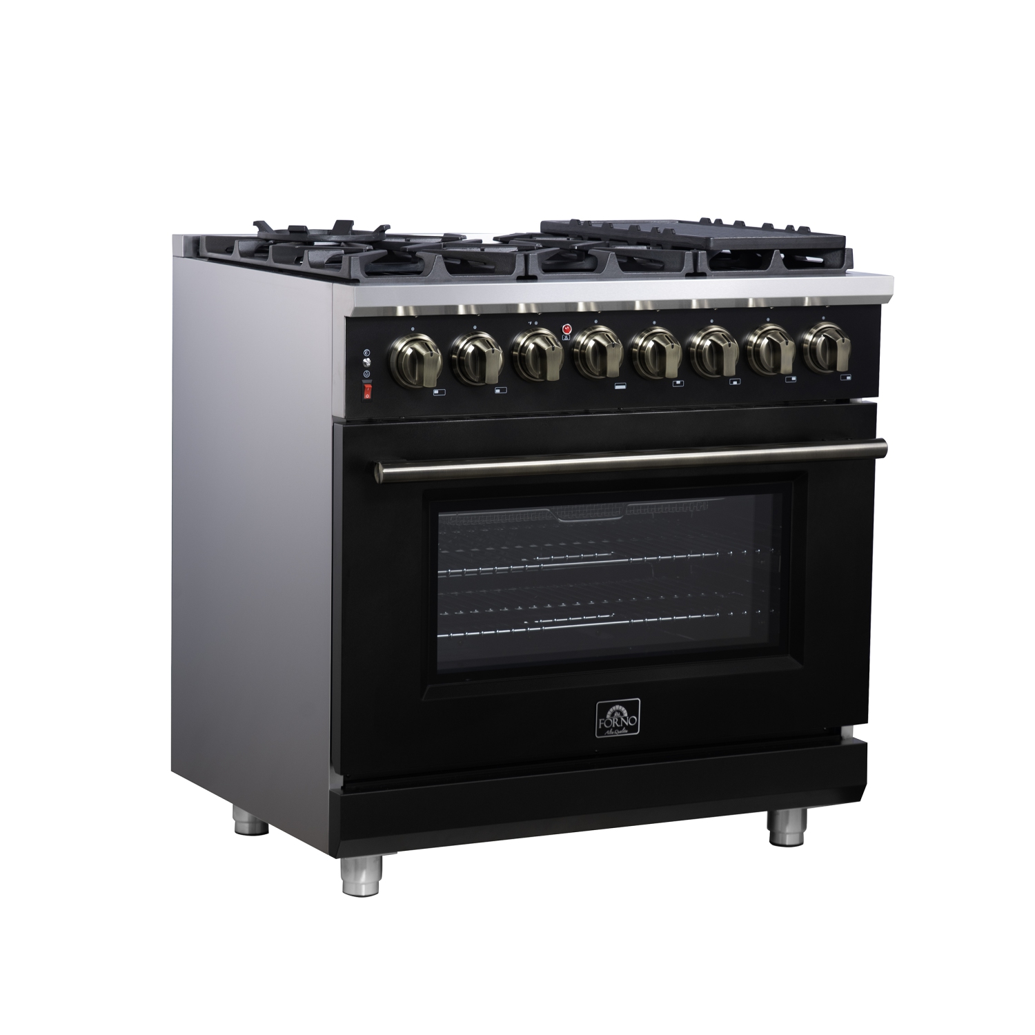 Forno Massimo – Cuisinière biénergie autonome 36 po noir avec accessoires en laiton antique, 6 brûleurs, 5,36 pi3 avec Four à convection
