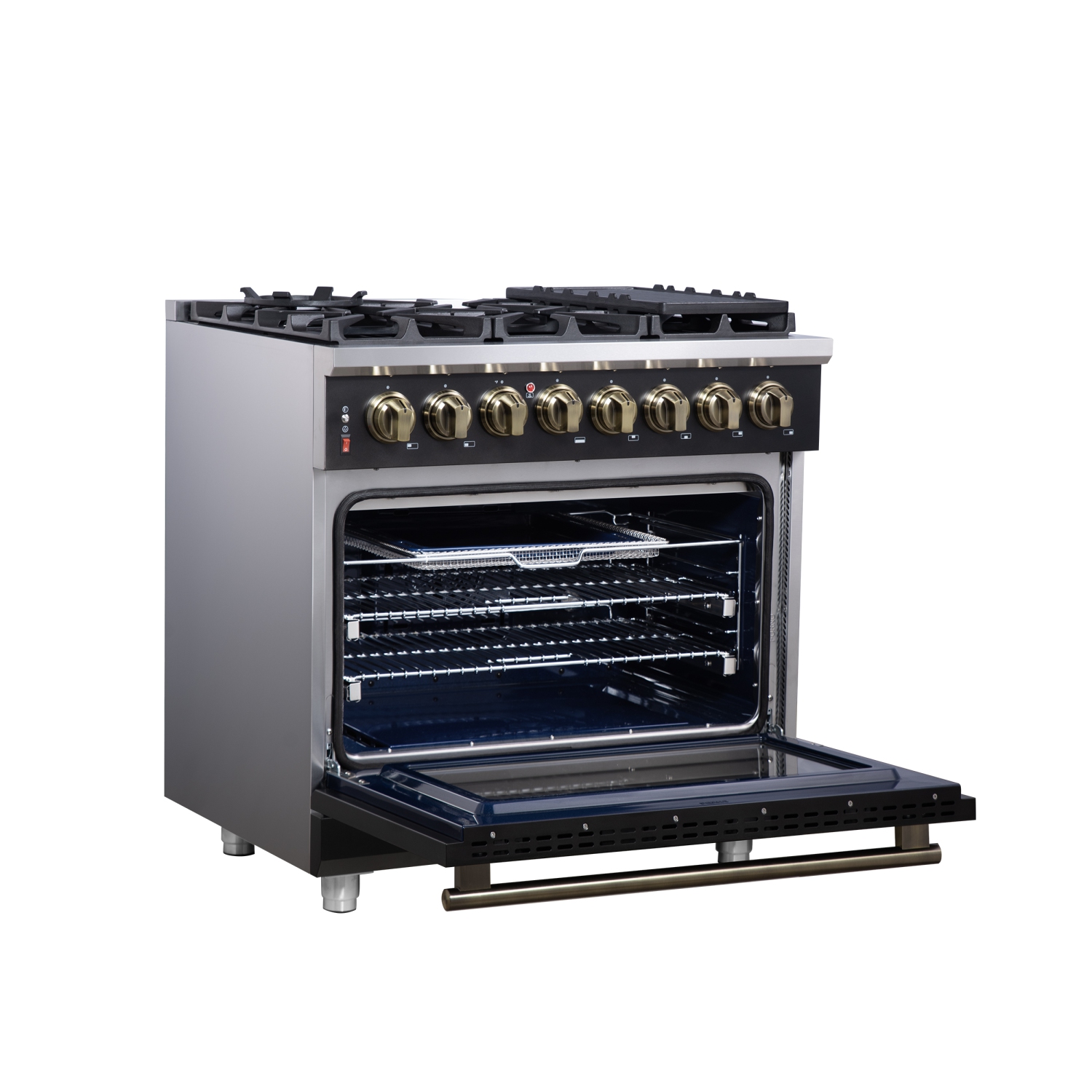 Forno Massimo – Cuisinière biénergie autonome 36 po noir avec accessoires en laiton antique, 6 brûleurs, 5,36 pi3 avec Four à convection