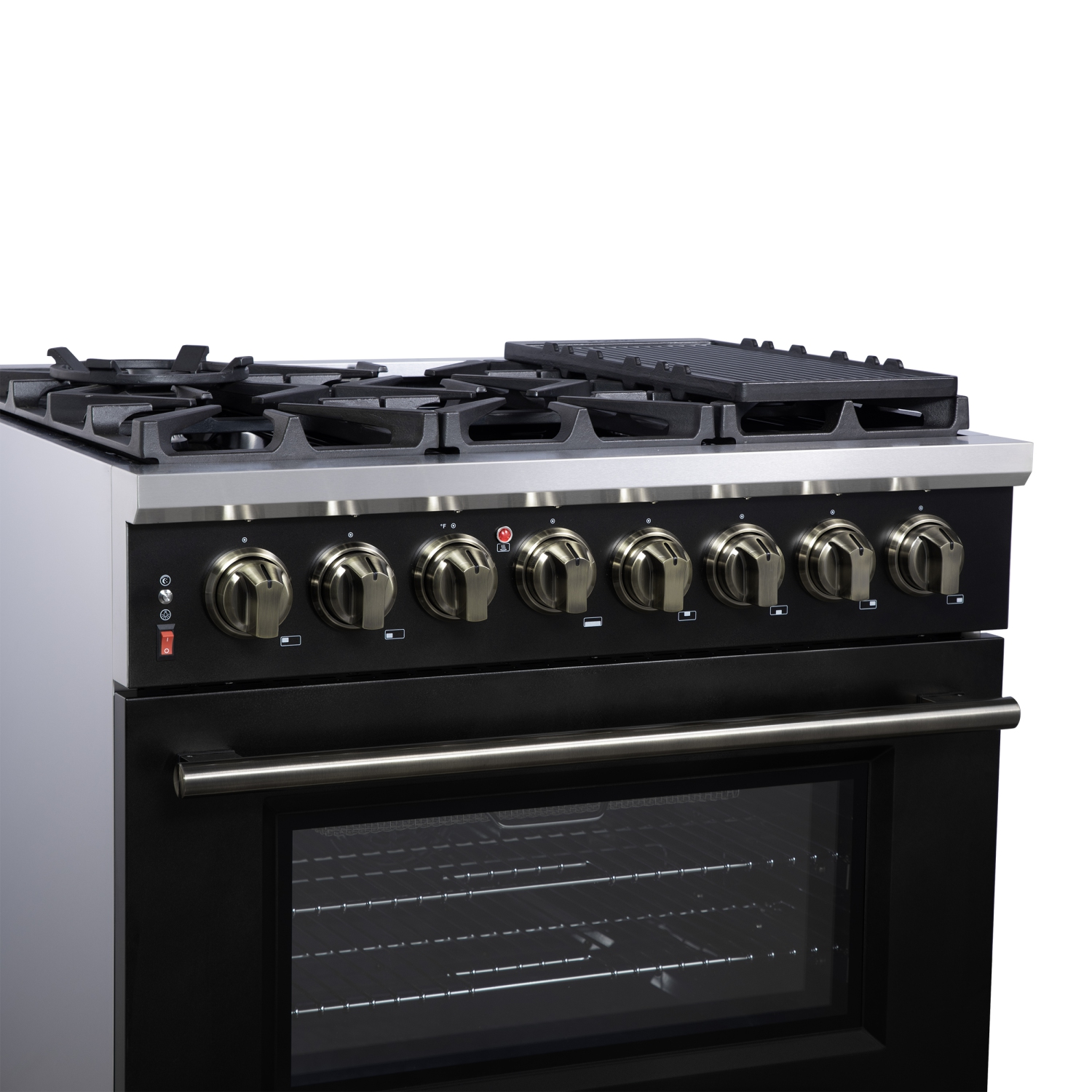 Forno Massimo – Cuisinière biénergie autonome 36 po noir avec accessoires en laiton antique, 6 brûleurs, 5,36 pi3 avec Four à convection