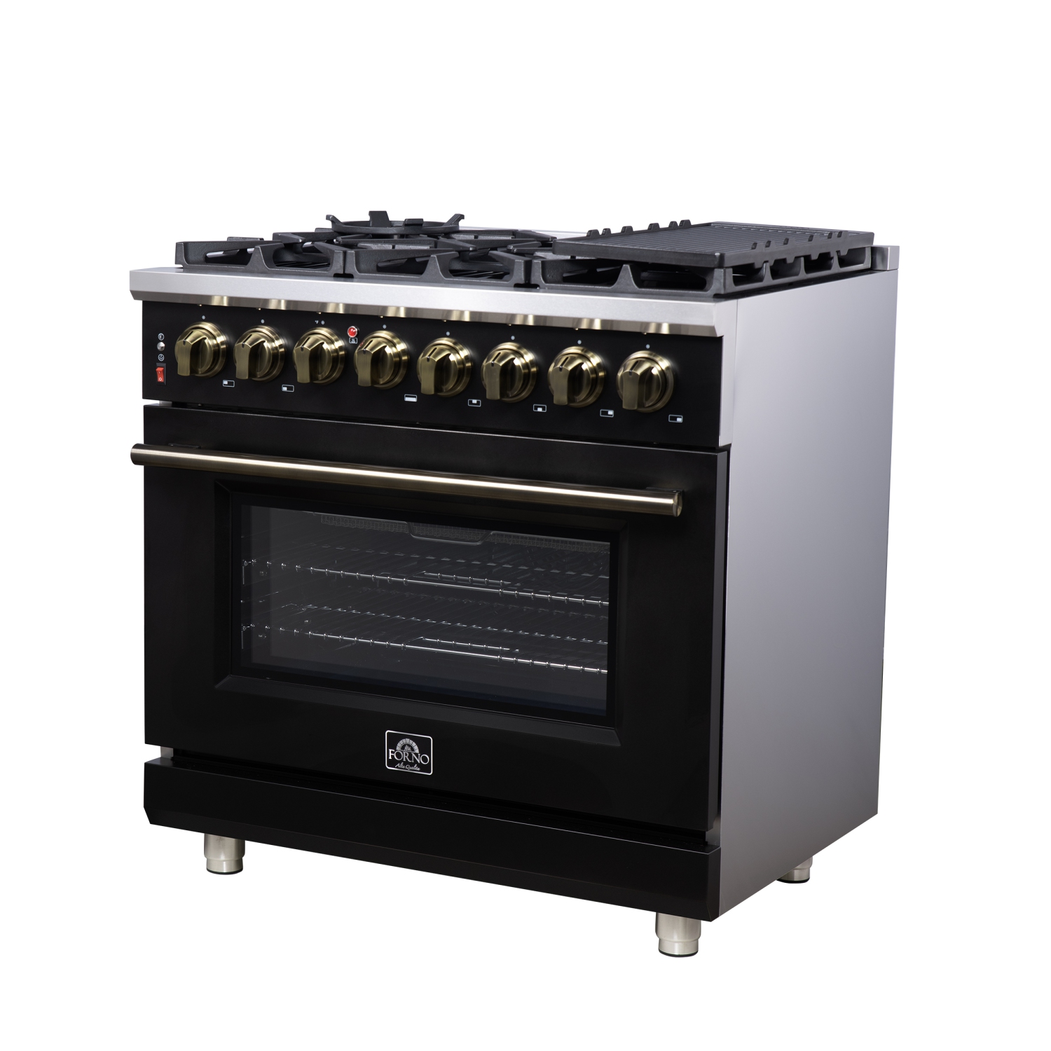 Forno Massimo – Cuisinière biénergie autonome 36 po noir avec accessoires en laiton antique, 6 brûleurs, 5,36 pi3 avec Four à convection