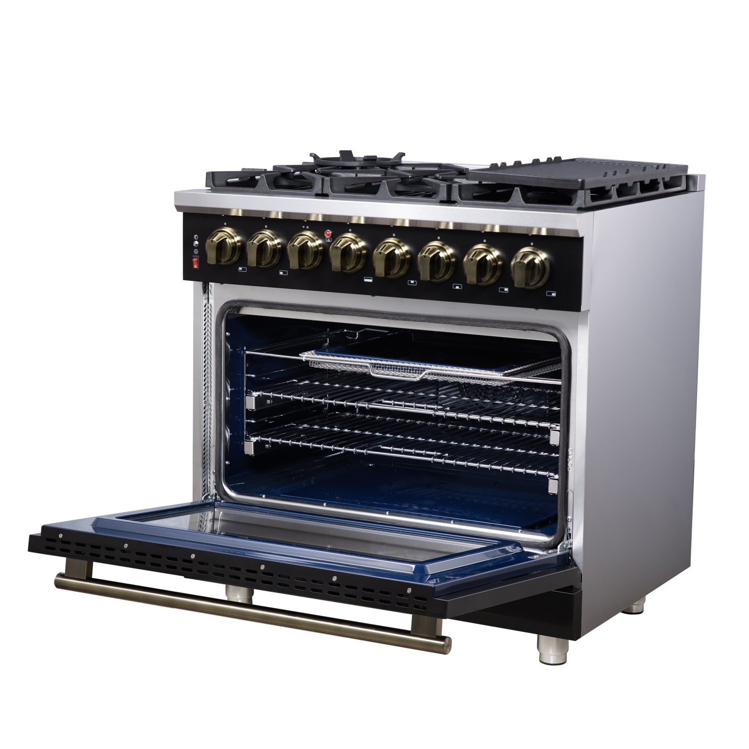 Forno Massimo – Cuisinière biénergie autonome 36 po noir avec accessoires en laiton antique, 6 brûleurs, 5,36 pi3 avec Four à convection