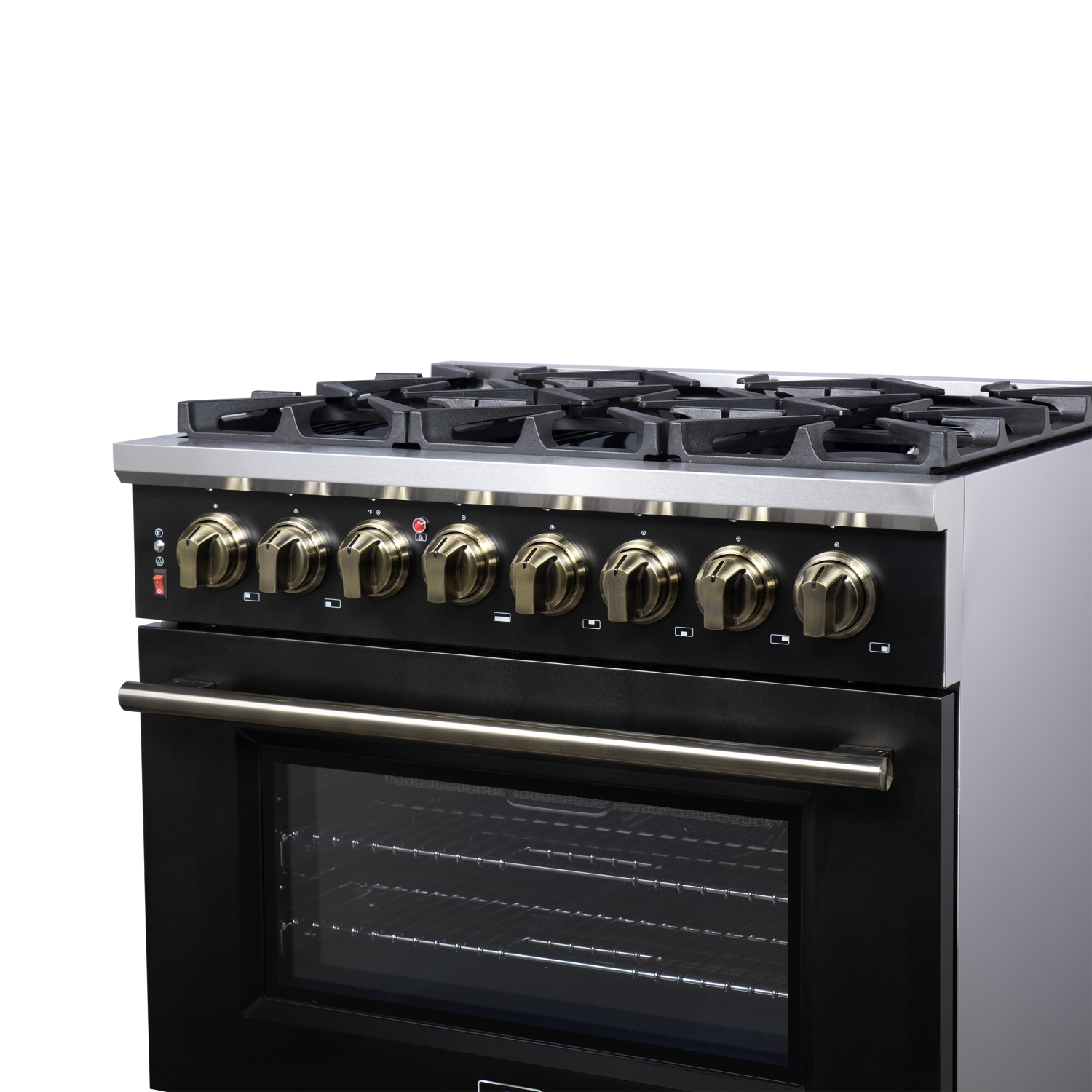 Forno Massimo – Cuisinière biénergie autonome 36 po noir avec accessoires en laiton antique, 6 brûleurs, 5,36 pi3 avec Four à convection