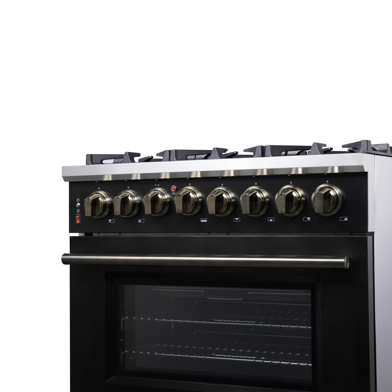 Forno Massimo – Cuisinière biénergie autonome 36 po noir avec accessoires en laiton antique, 6 brûleurs, 5,36 pi3 avec Four à convection