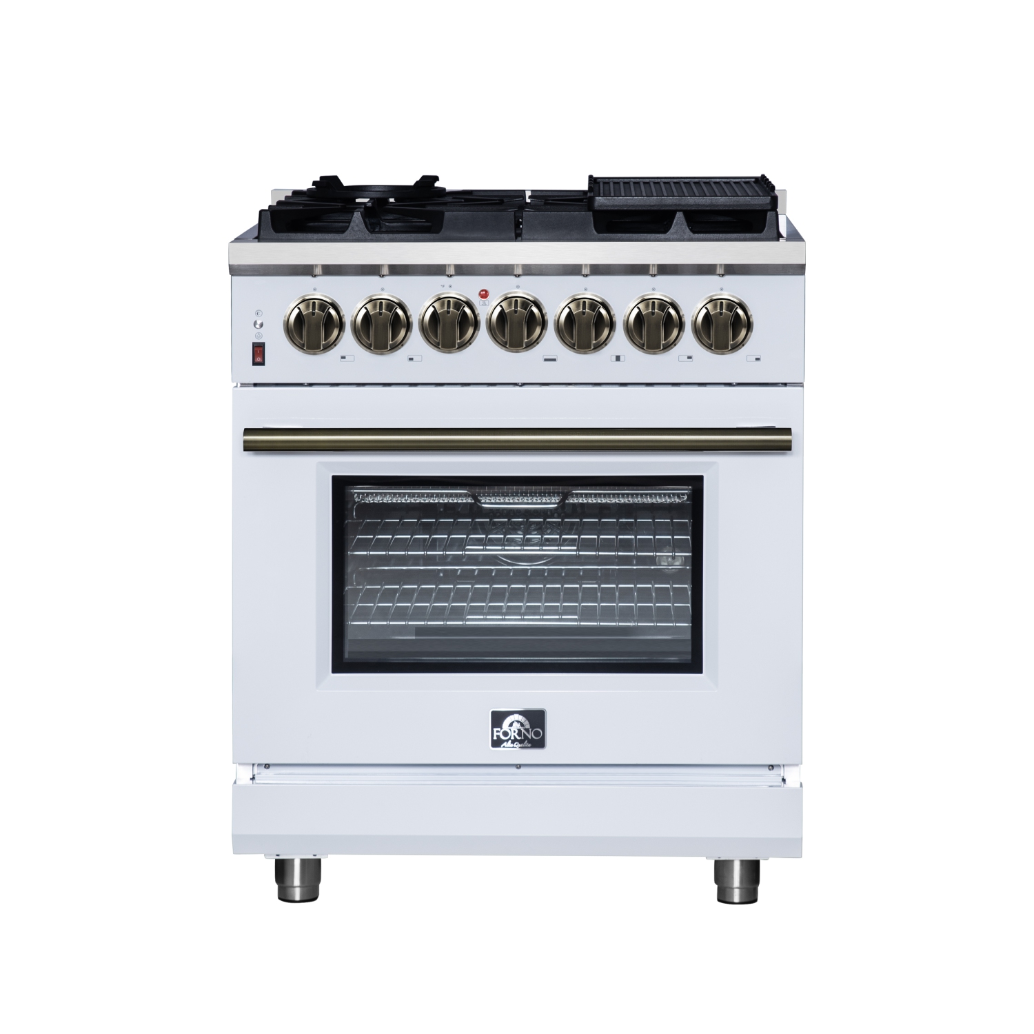 Forno Massimo 30 Inch Freestanding Dual Fuel Range in White with Antique Brass Accessories, 4 Burners, 4.32 cu. ft. Convection Oven