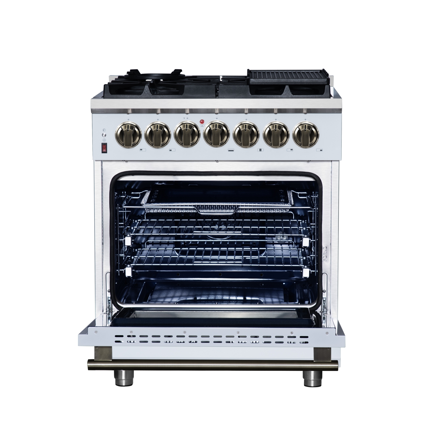 Forno Massimo 30 Inch Freestanding Dual Fuel Range in White with Antique Brass Accessories, 4 Burners, 4.32 cu. ft. Convection Oven