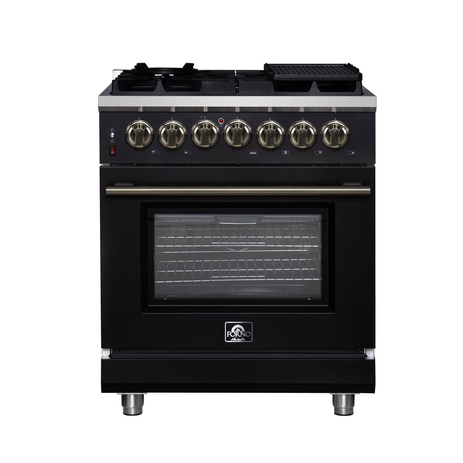 Forno Massimo 30 Inch Freestanding Dual Fuel Range in Black with Antique Brass Accessories, 4 Burners, 4.32 cu. ft. Convection Oven
