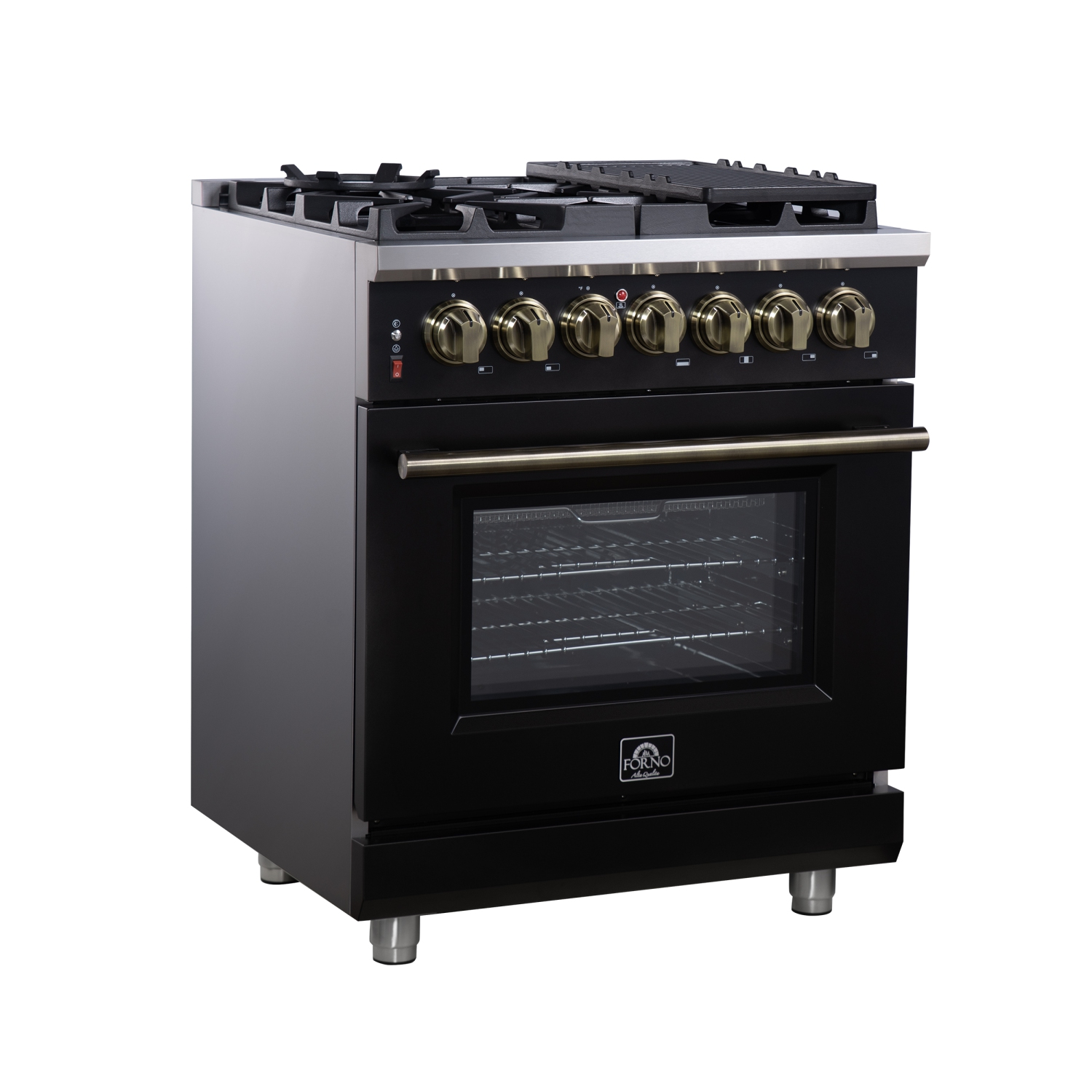 Forno Massimo 30 Inch Freestanding Dual Fuel Range in Black with Antique Brass Accessories, 4 Burners, 4.32 cu. ft. Convection Oven