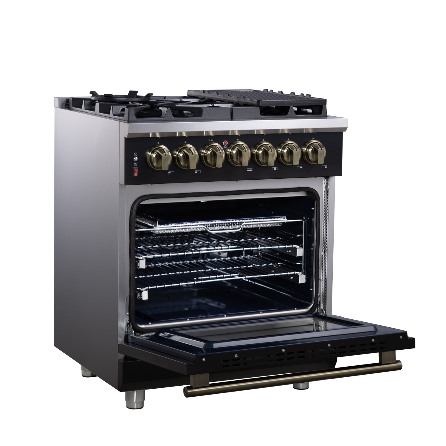 Forno Massimo 30 Inch Freestanding Dual Fuel Range in Black with Antique Brass Accessories, 4 Burners, 4.32 cu. ft. Convection Oven